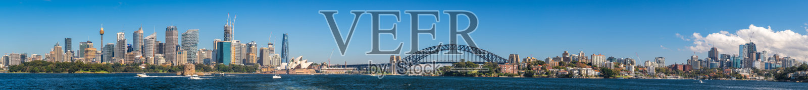 悉尼市商业区与悉尼港大桥和北悉尼天际线全景照片摄影图片