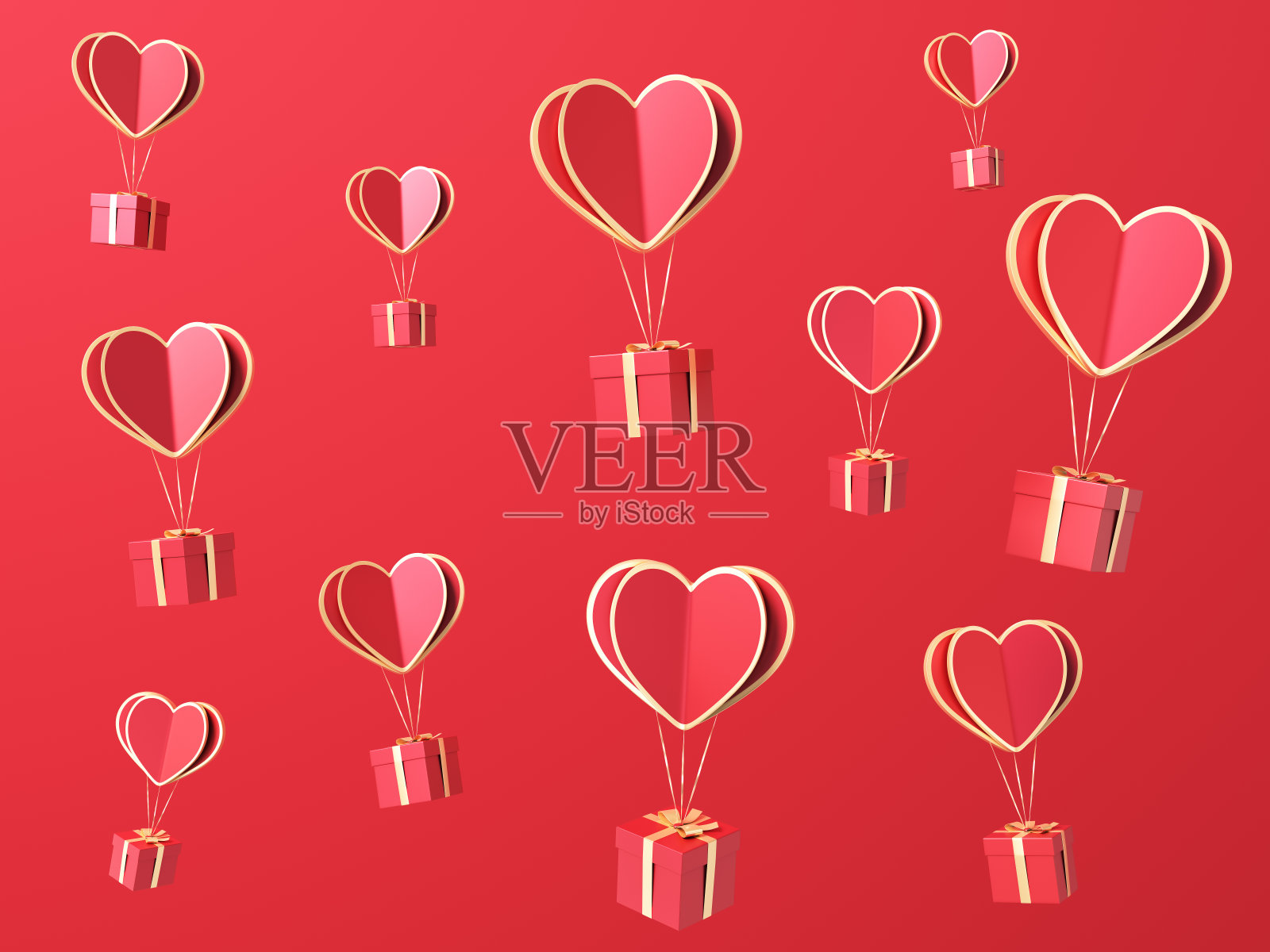 红色飞心和红色背景的礼品盒照片摄影图片