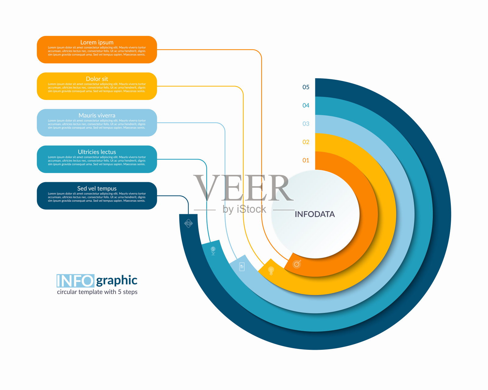 信息图半圆分层同心圆模板与5个步骤，选项。流程图，周期图，矢量横幅演示，报告，宣传册，网页，数据可视化。插画图片素材