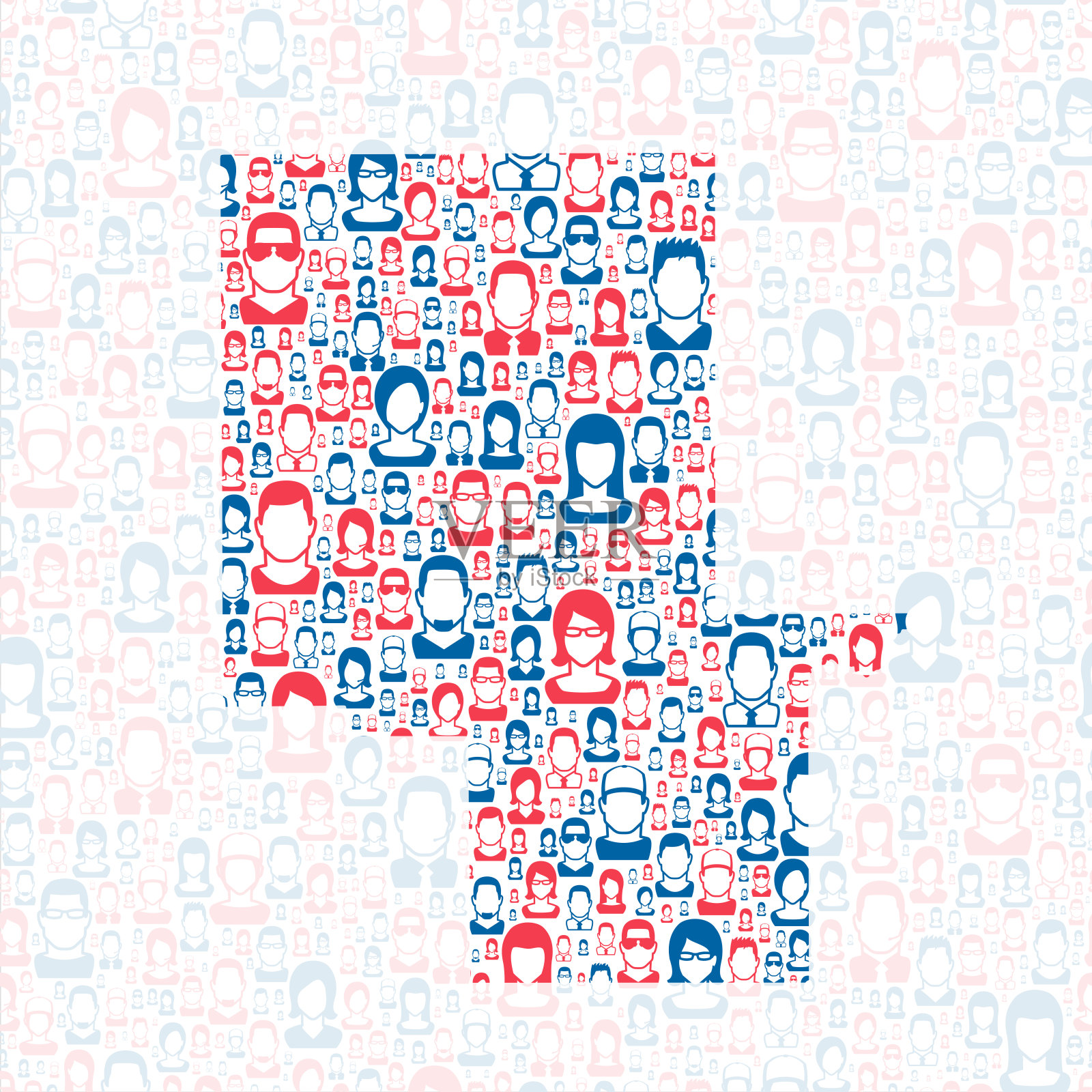 蒙哥马利县，密西西比州。地图上有蓝色和红色的人插画图片素材