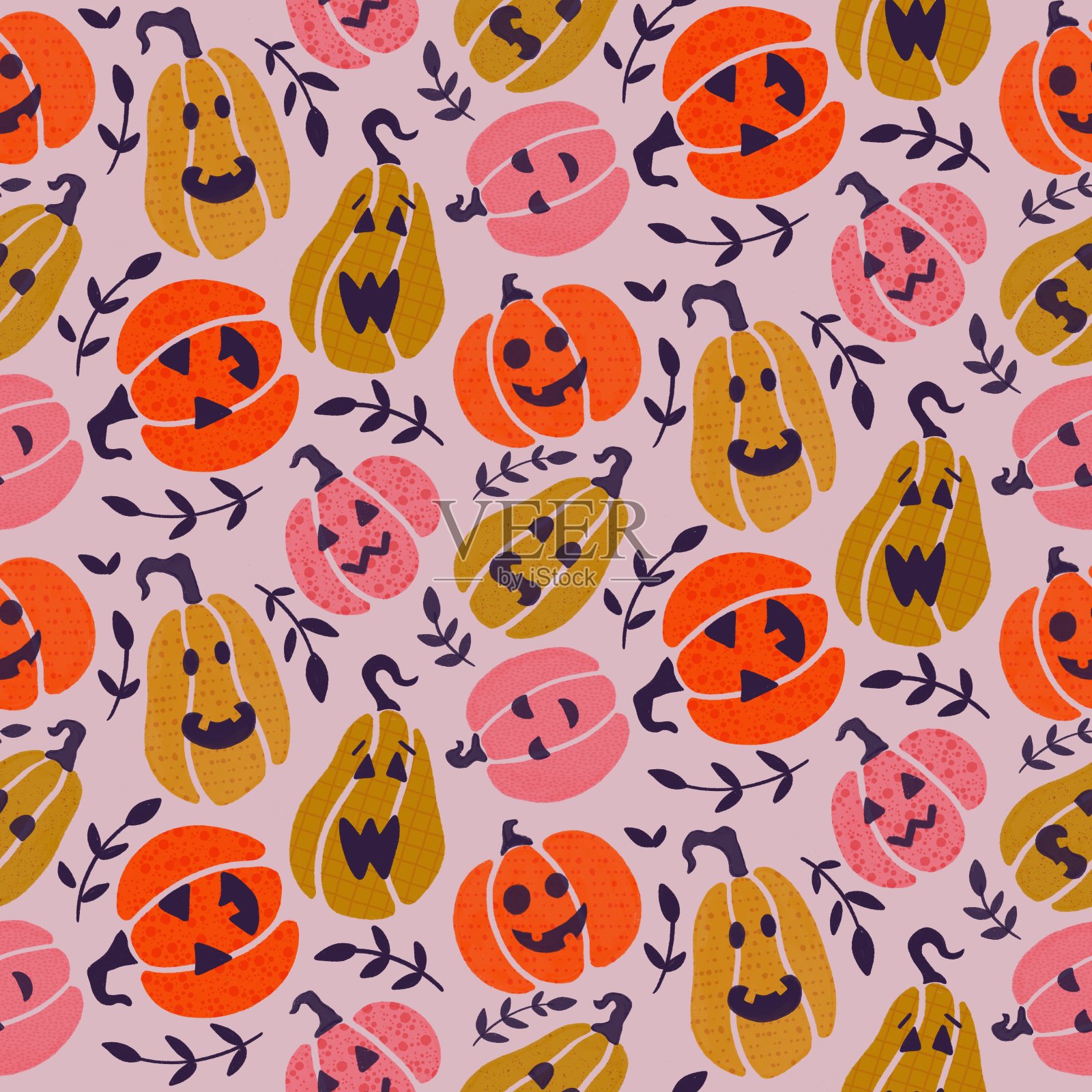 万圣节杰克O灯笼植物无缝图案插画图片素材