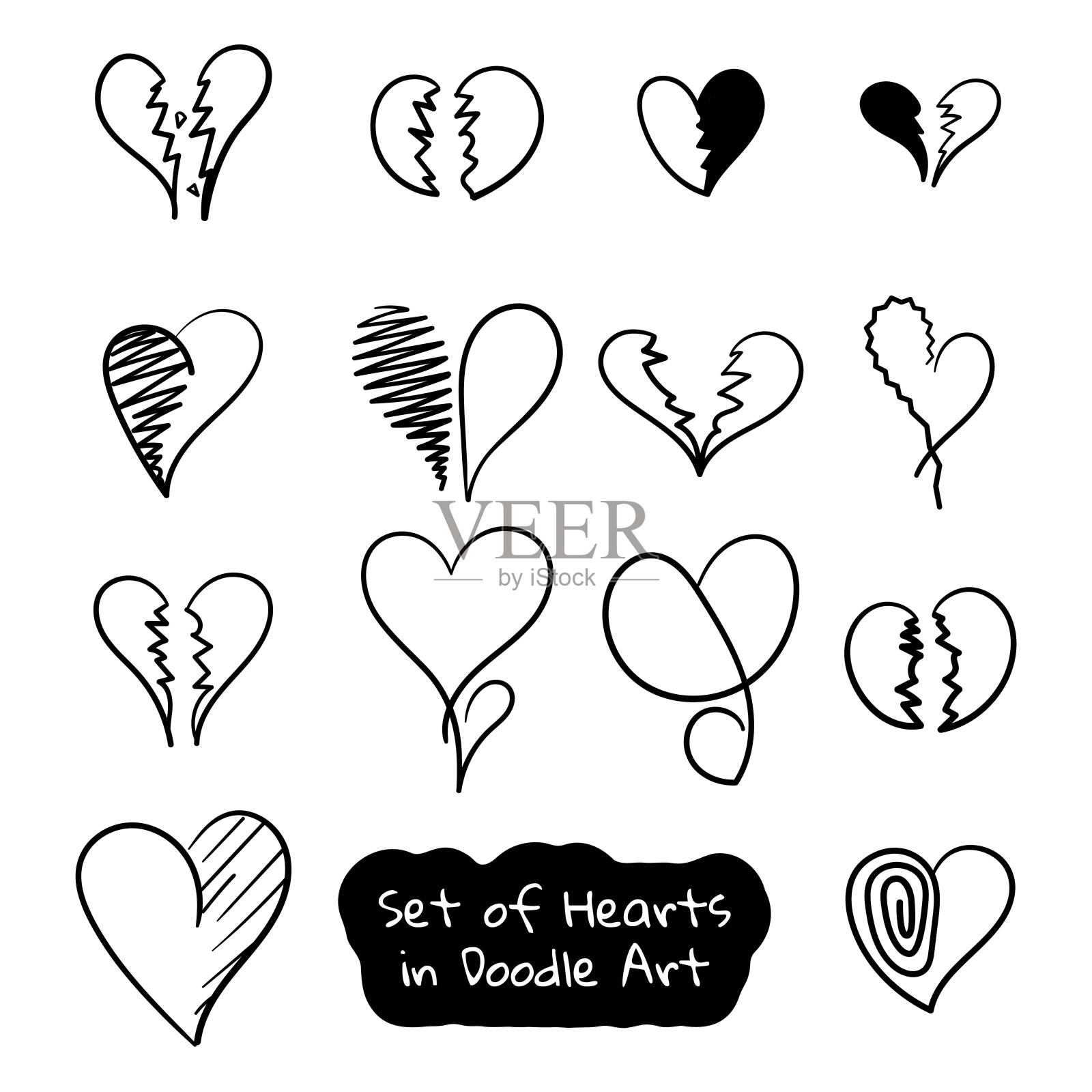 一套破碎的心在形状设计与涂鸦艺术手绘在各种设计的横幅模板插画图片素材