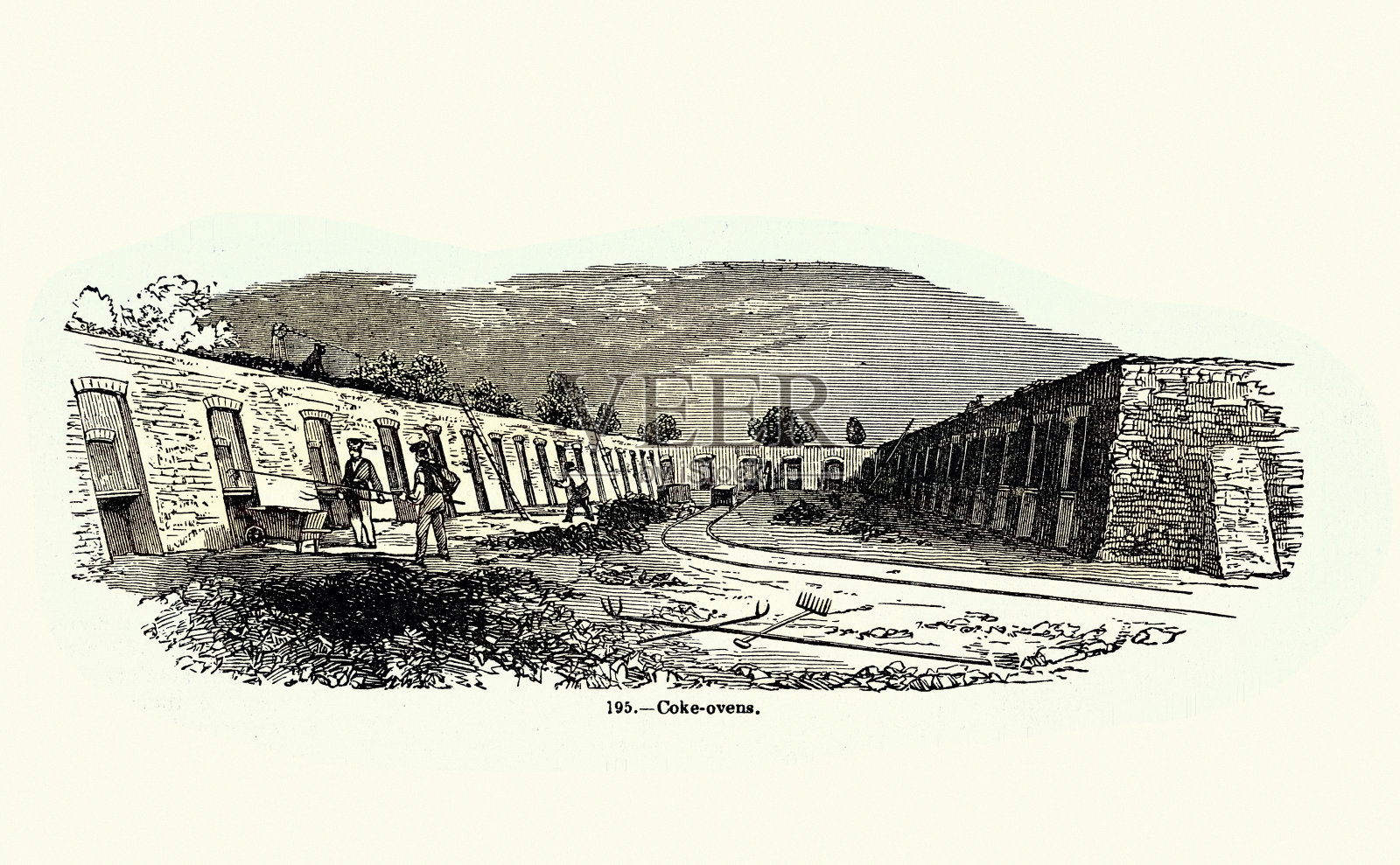 工业革命，焦炉，焦炭是重要的工业产品，19世纪50年代插画图片素材