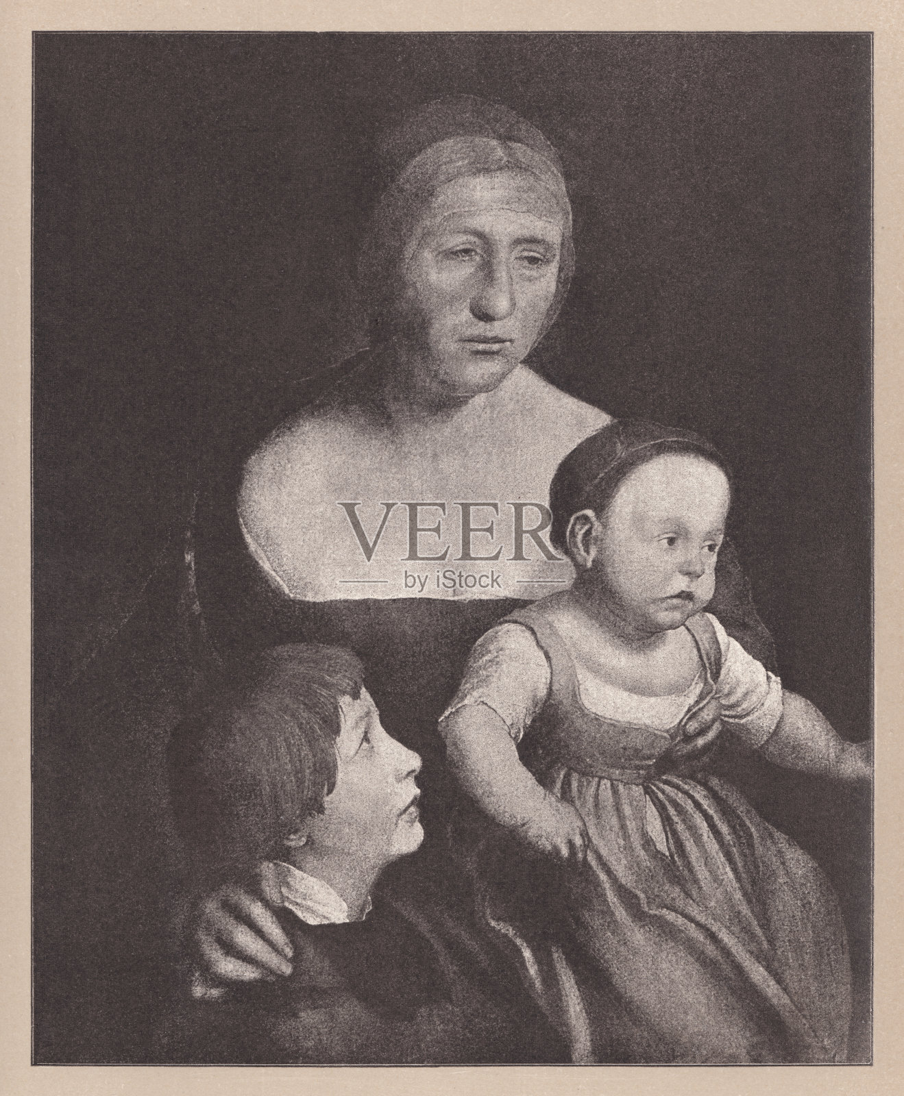 小霍尔拜因的《艺术家的家庭》，半色调，1891年出版插画图片素材