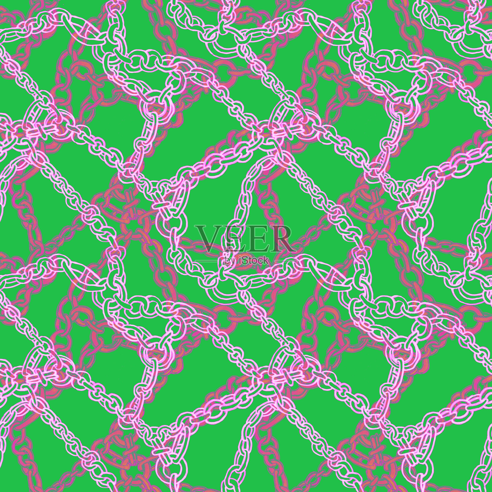 无缝模式的粉红色链交织在霓虹绿色背景。织物，封面，表面，纺织品的设计。霓虹灯发光链丛插图。印花适用于女式运动服、泳装。插画图片素材