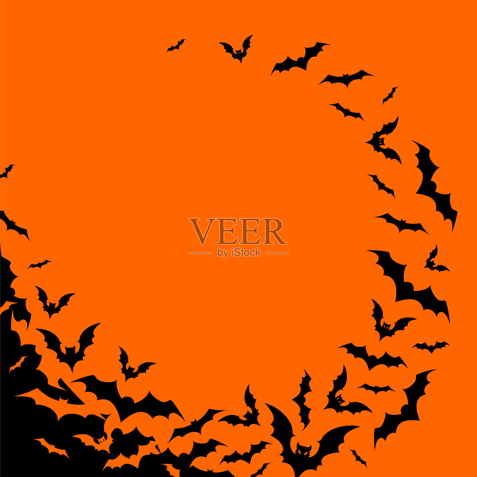 方形万圣节横幅与黑色蝙蝠在橙色背景。插画图片素材