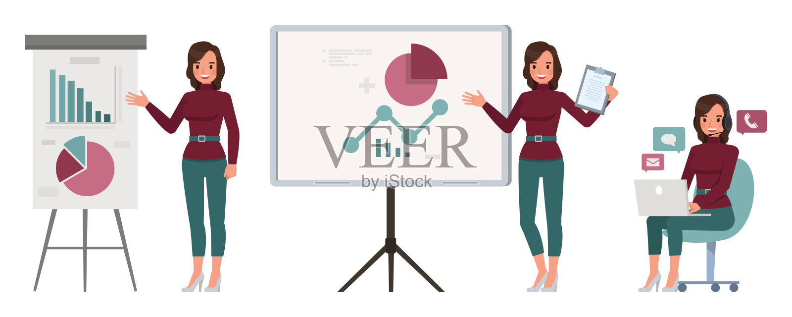 一套职业妇女穿红色毛衣的颜色特征向量设计。呈现在各种动作中。在孤立的白色背景上从事办公室规划、思考和经济分析的女商人。插画图片素材