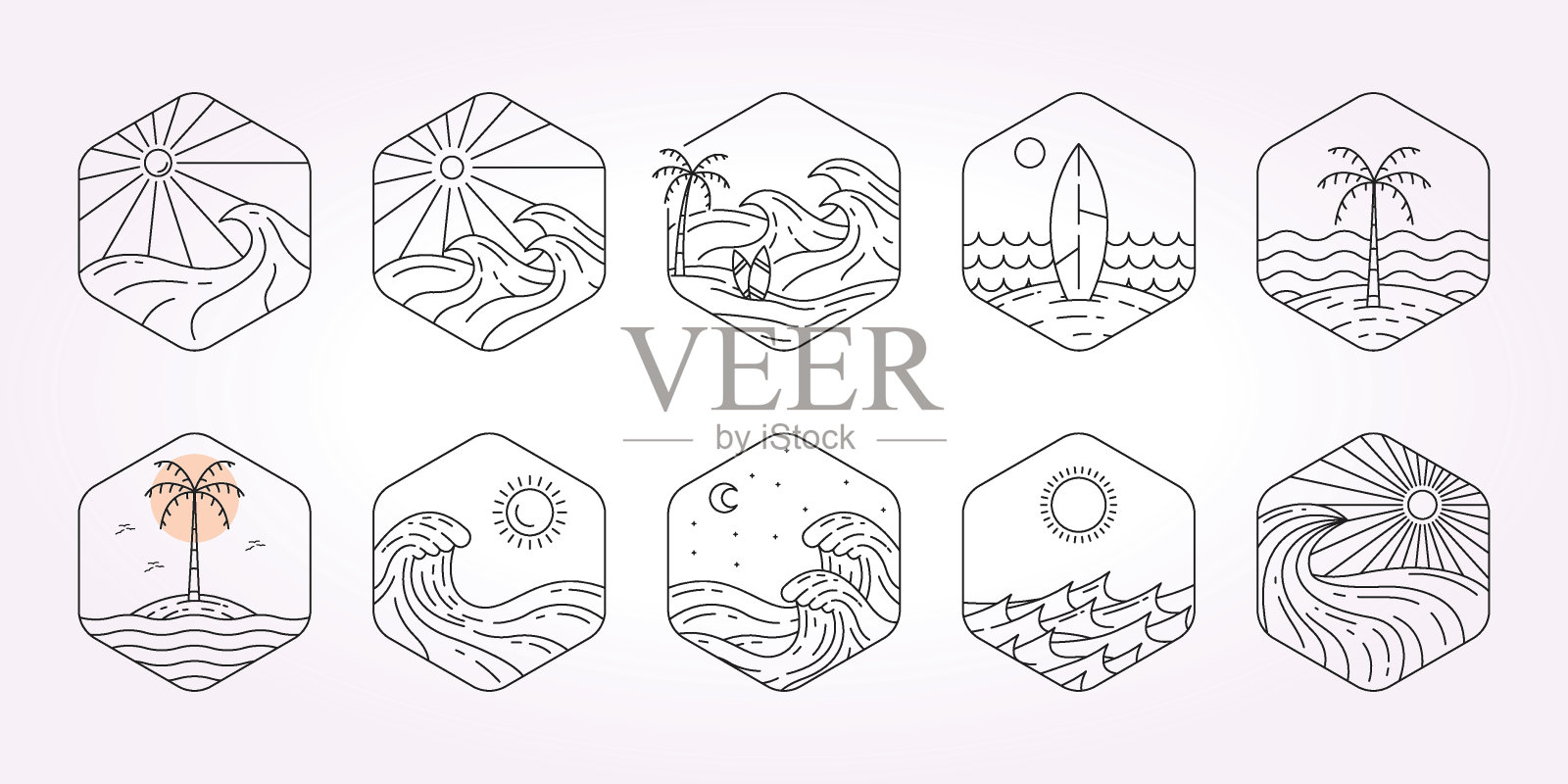 集天堂岛线艺术标志图标模板包。航海图标插图的设计。简单的海景插画图片素材