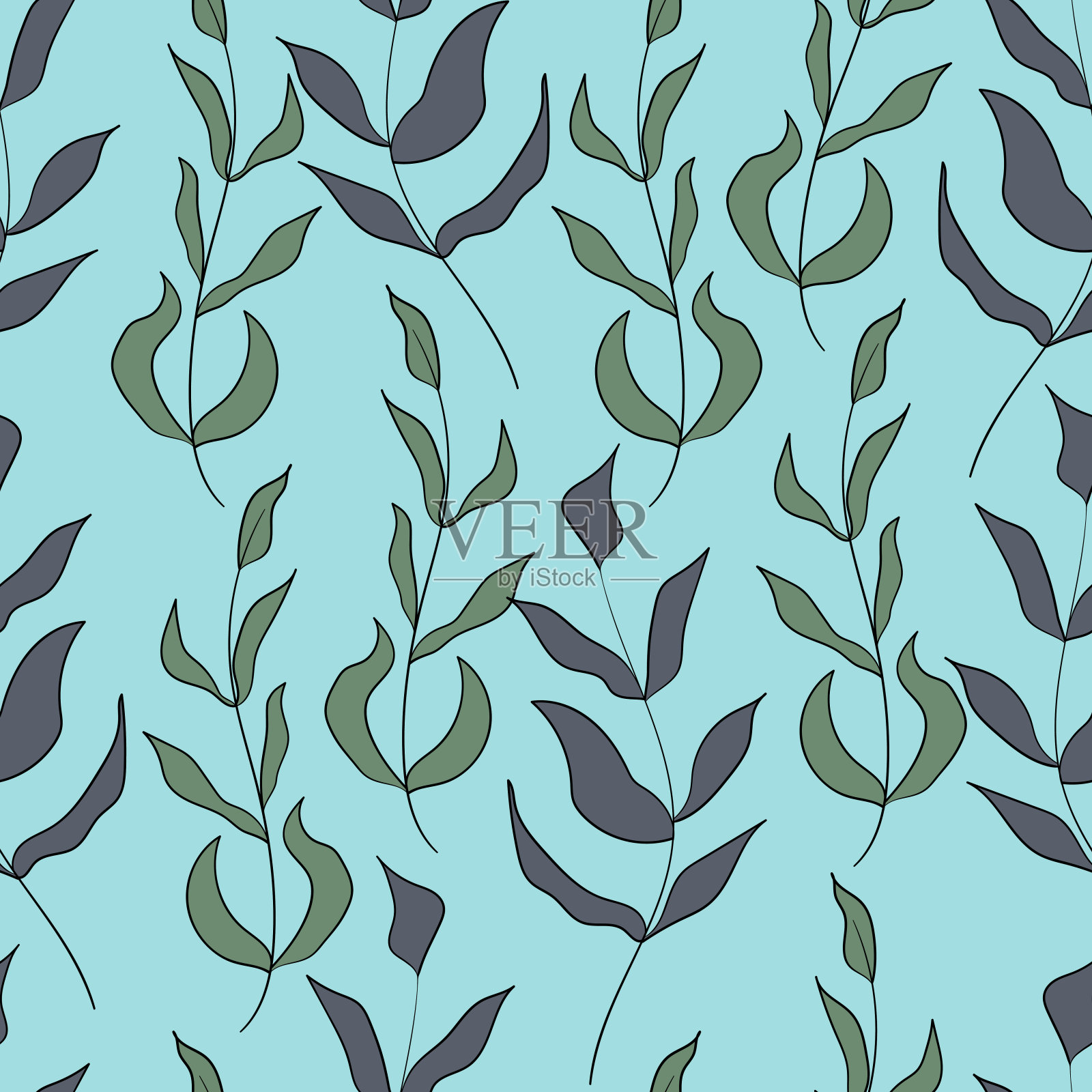 春天无缝彩色图案与小枝。矢量股票插图织物，纺织品，壁纸，海报，纸。时尚印花。有叶子的树枝。涂鸦风格插画图片素材