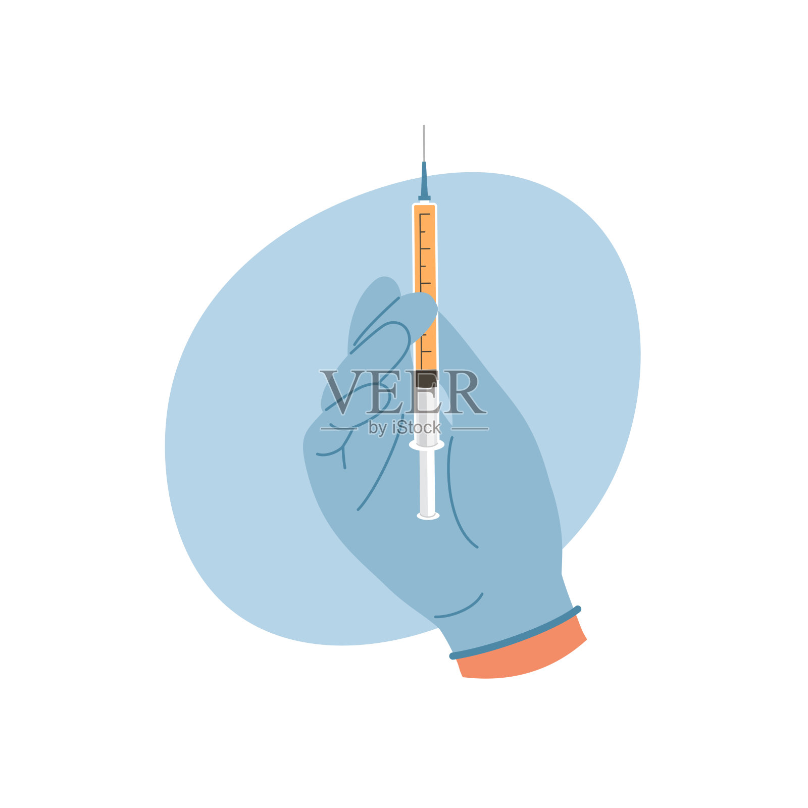 医生戴上橡胶手套，手里拿着注射器，里面装有注射用的液体。接种疫苗的概念插画图片素材