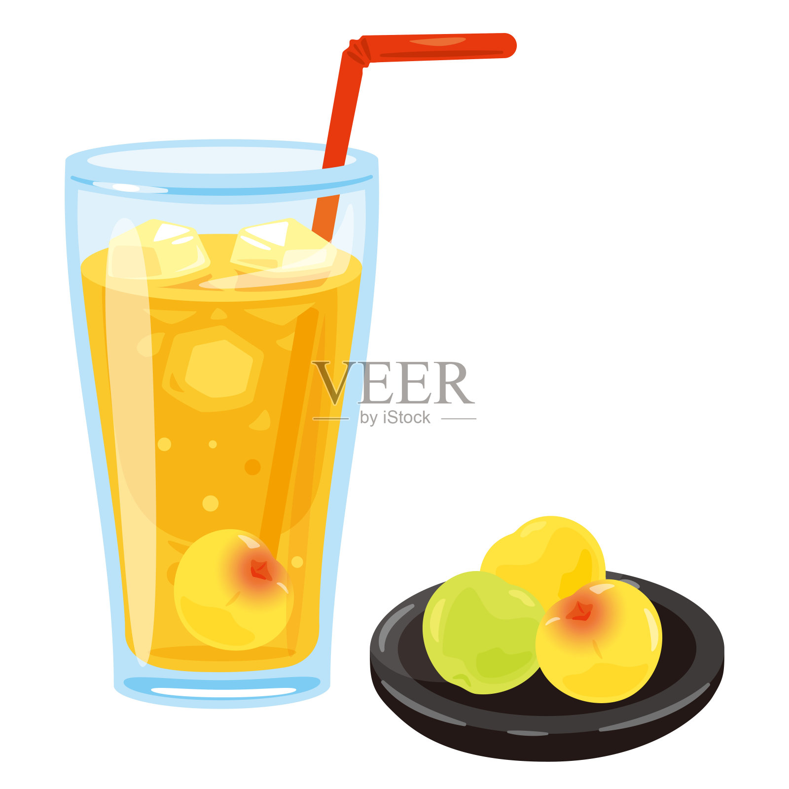 梅子汁放在杯子里，梅子放在盘子里插画图片素材