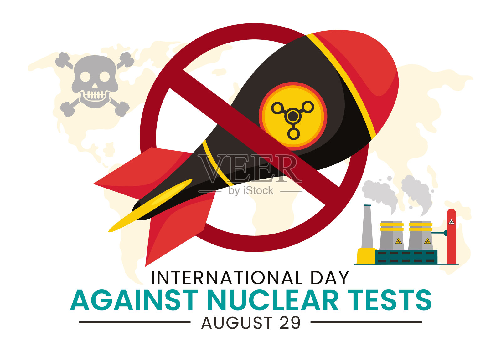 8月29日国际禁止核试验日矢量插图以平面风格的卡通背景展示地球和火箭炸弹插画图片素材