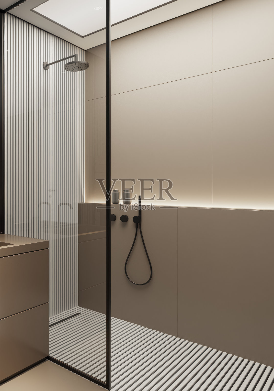 现代极简主义浴室与哑光米色大瓷砖照片摄影图片