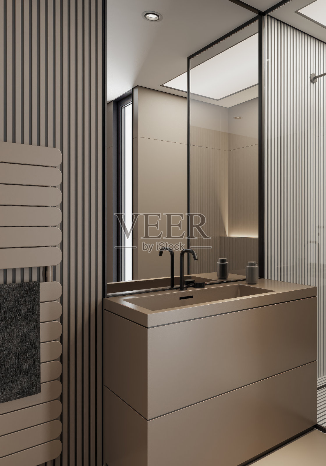 现代极简主义浴室与哑光米色大瓷砖照片摄影图片