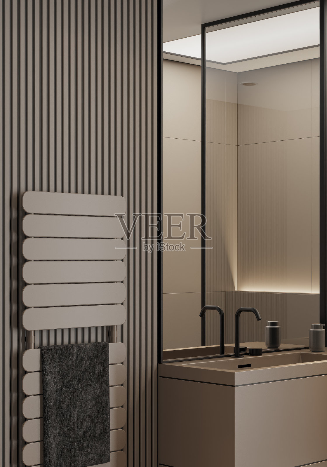 现代极简主义浴室与哑光米色大瓷砖照片摄影图片