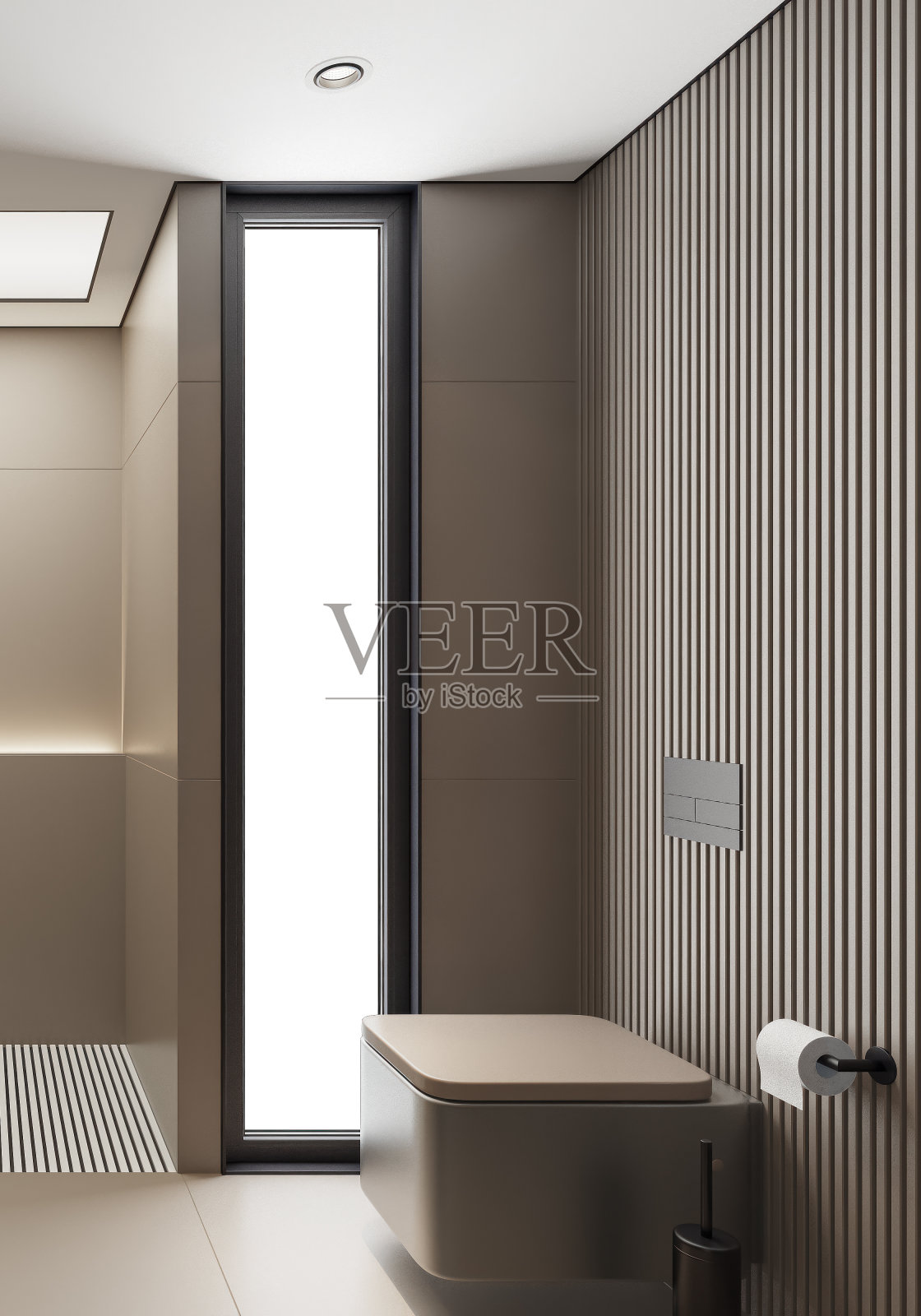 现代极简主义浴室与哑光米色大瓷砖照片摄影图片