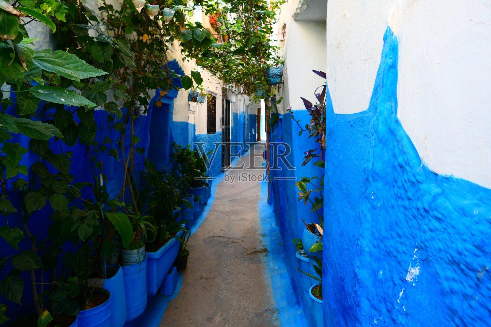 摩洛哥拉腊什麦地那的一条蓝色小巷照片摄影图片