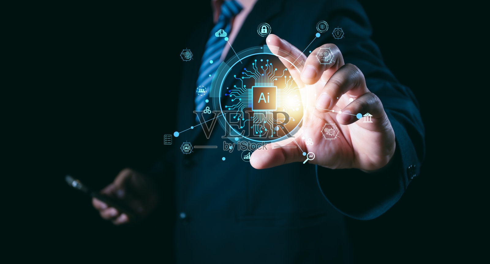 Ai技术，人工智能。人类使用人工智能技术智能机器人AI，人工智能通过输入命令提示符来生成一些东西，未来科技转型。和Ai聊天照片摄影图片