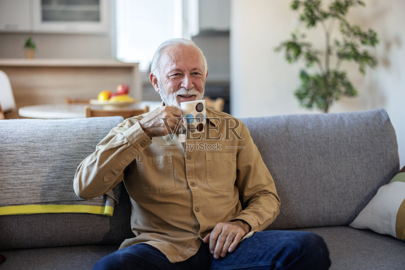 精力充沛的白人老人在家休息。他坐在客厅的沙发上喝着热茶。退休、独立和简单快乐的概念。照片摄影图片
