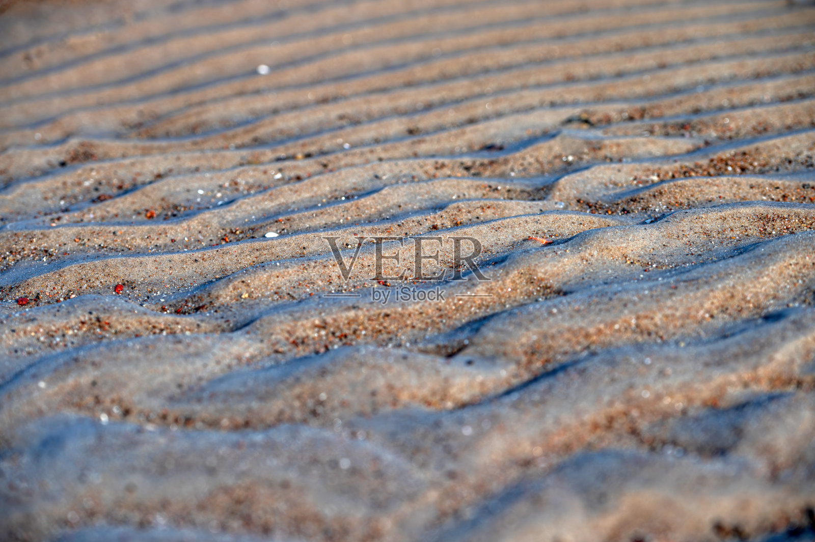 沙滩上的沙纹特写。有选择性的重点。副本的空间。照片摄影图片