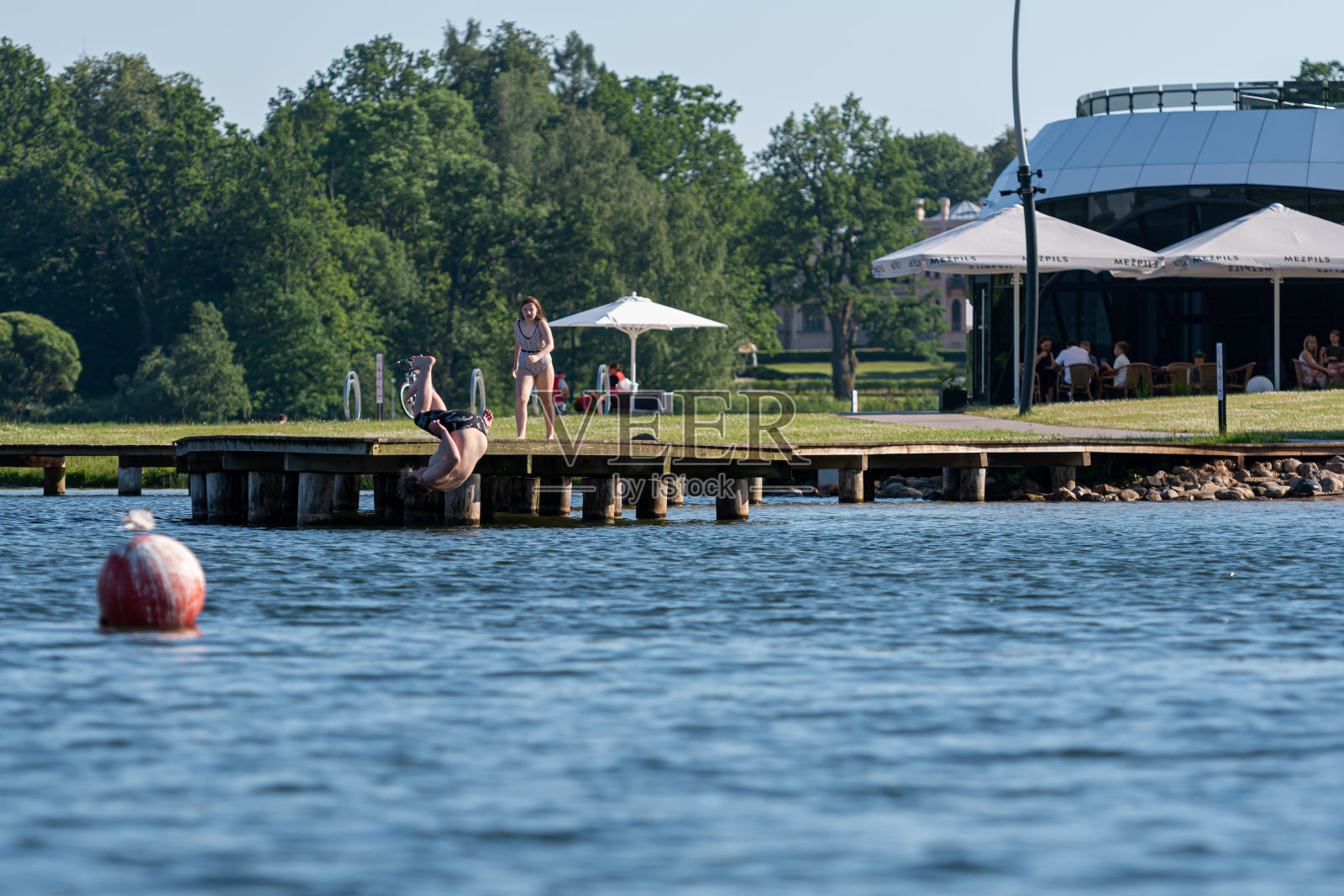 在一个阳光明媚的夏日，年轻人在拉脱维亚的阿卢克森湖公园里跳入水中照片摄影图片