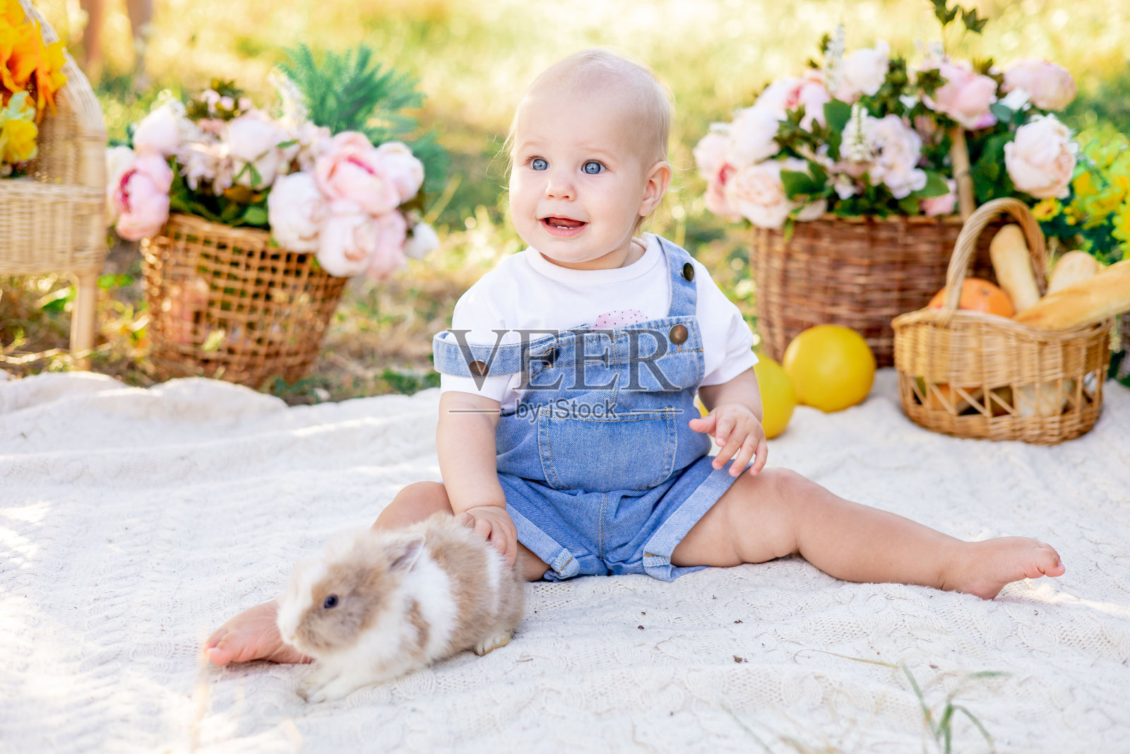 一个六个月大的蓝眼睛的小女孩在夏天和一只兔子在草地或绿草地上玩耍，微笑着快乐着，一个孩子在花丛中野餐照片摄影图片