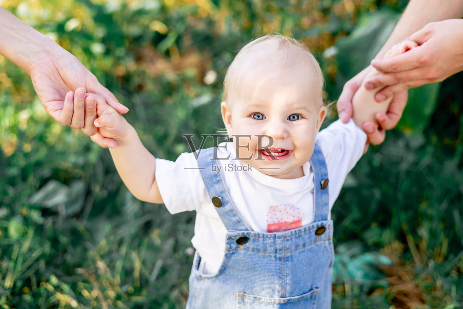 夏天的大自然，绿色的草坪上，爸爸妈妈的手牵着宝宝的手，一个小孩子和父母的手的特写肖像照片摄影图片