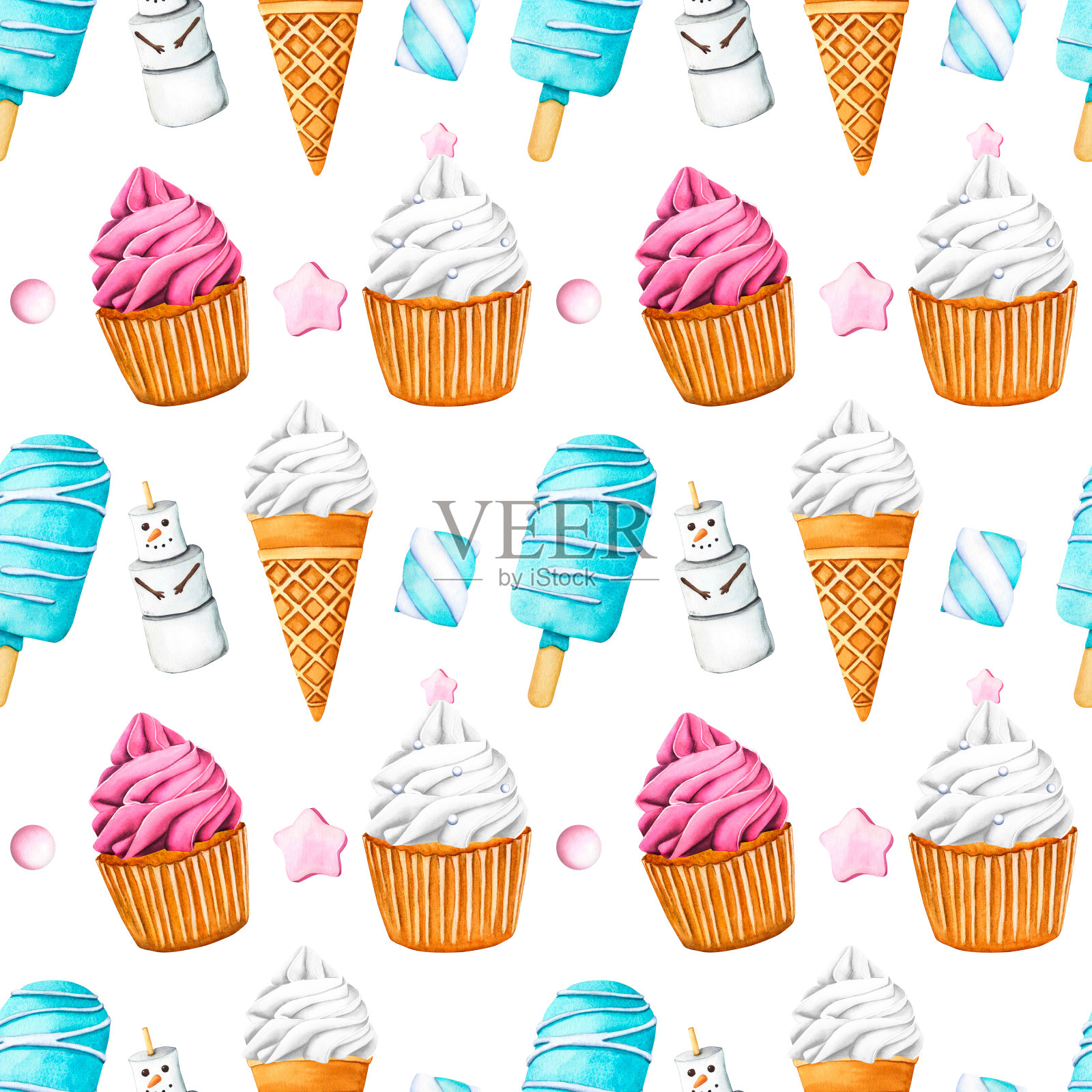 纸杯蛋糕、粉色和白色奶油、冰淇淋无缝图案。甜蜜的夏季甜点、冰棒、松饼、冰淇淋甜筒和棉花糖雪人。适用于明信片、设计、印刷的水彩插图照片摄影图片