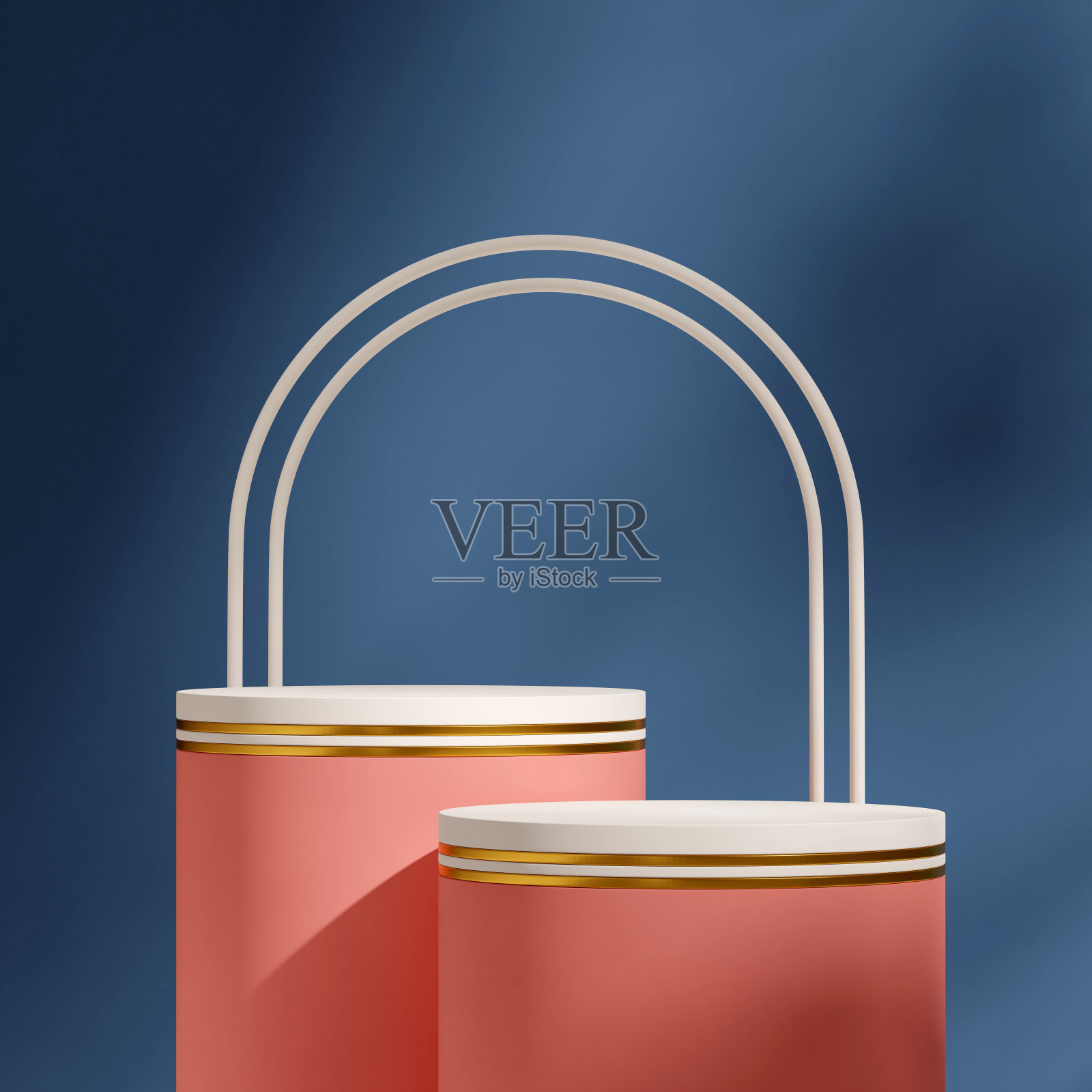 空白模型白色，金色和粉红色圆柱基座在方形蓝色墙壁，3d图像渲染照片摄影图片