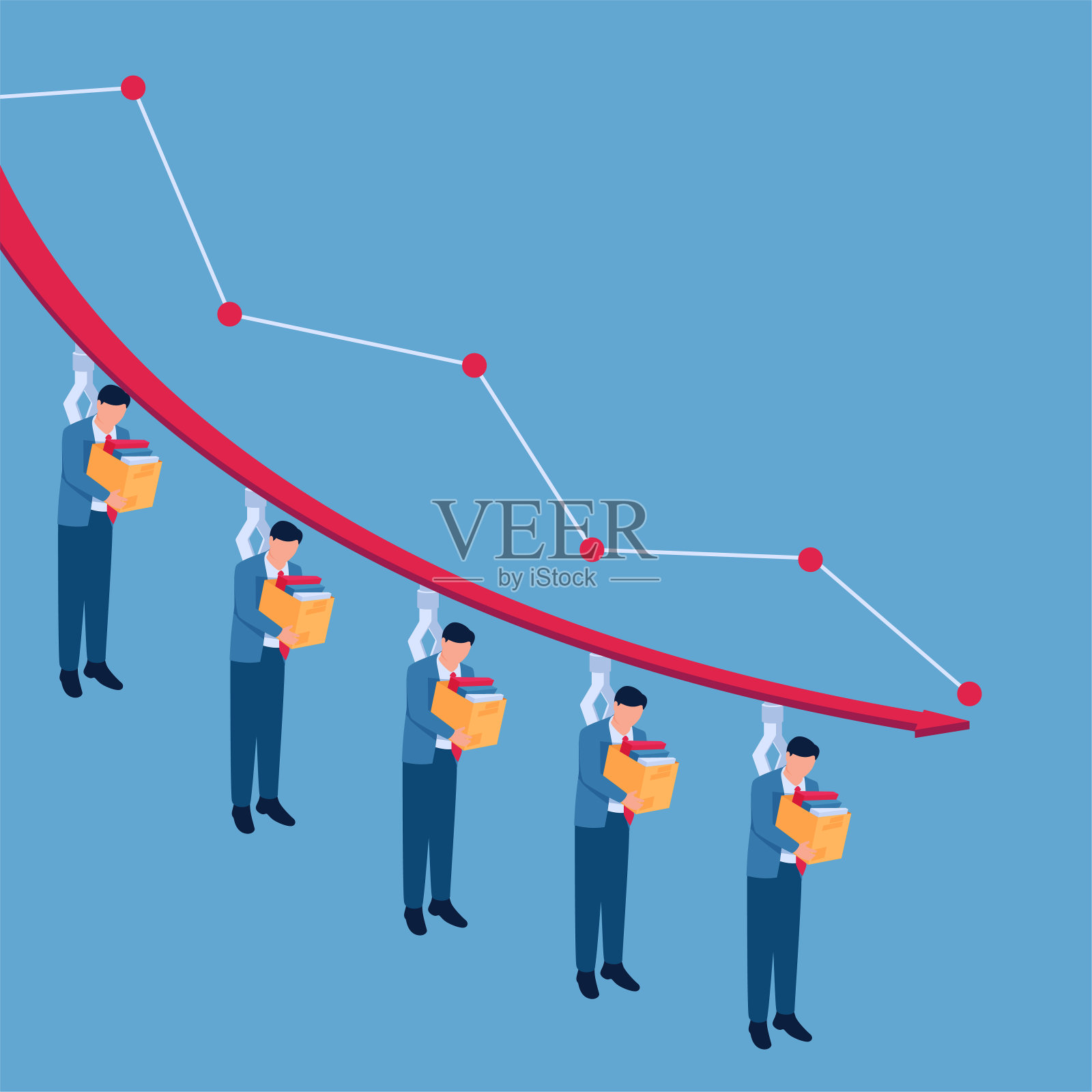 这些人挂在一张由于裁员而下降的图表上，这是大规模裁员的例证。插画图片素材