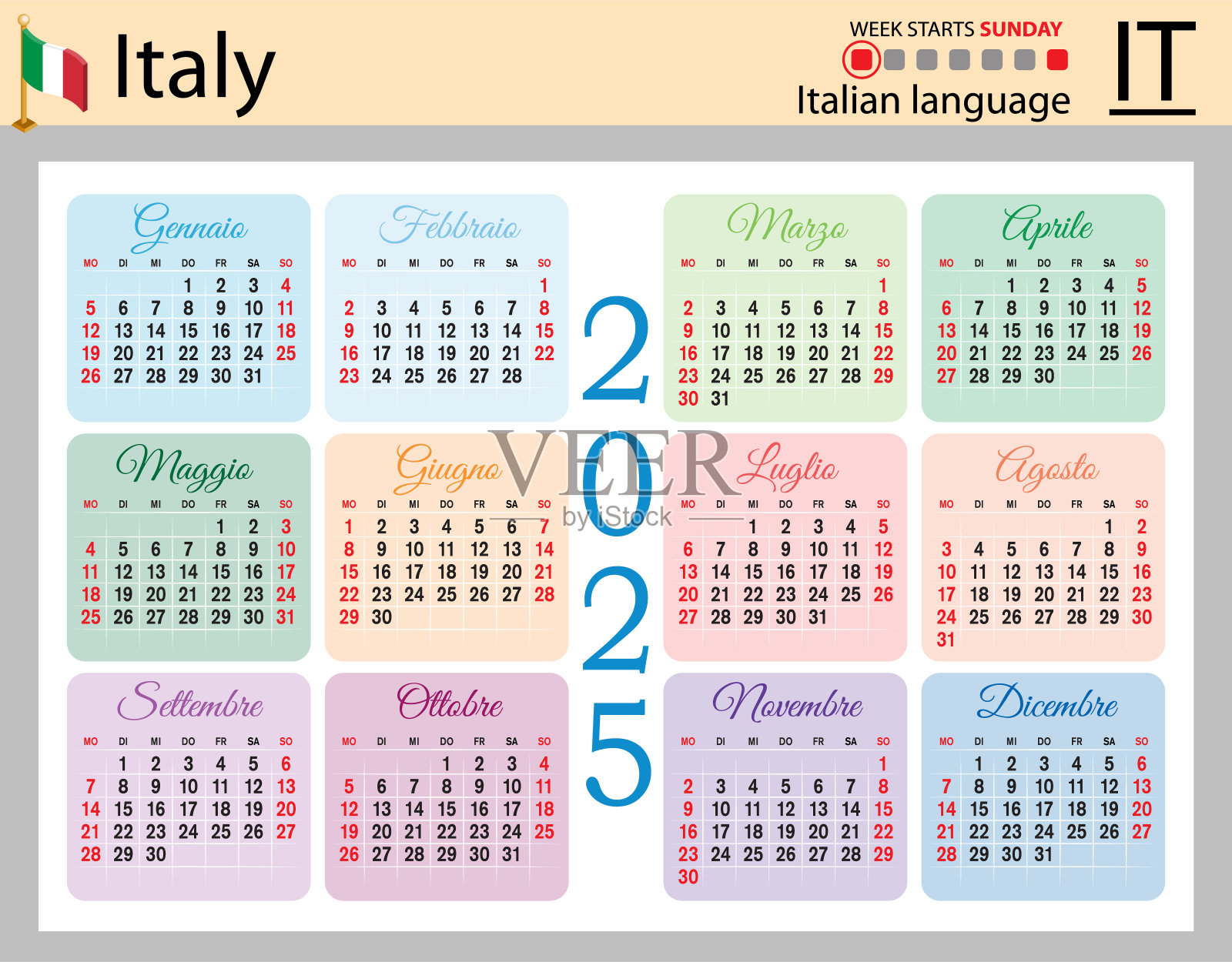 意大利水平口袋日历2025。一周从周日开始插画图片素材