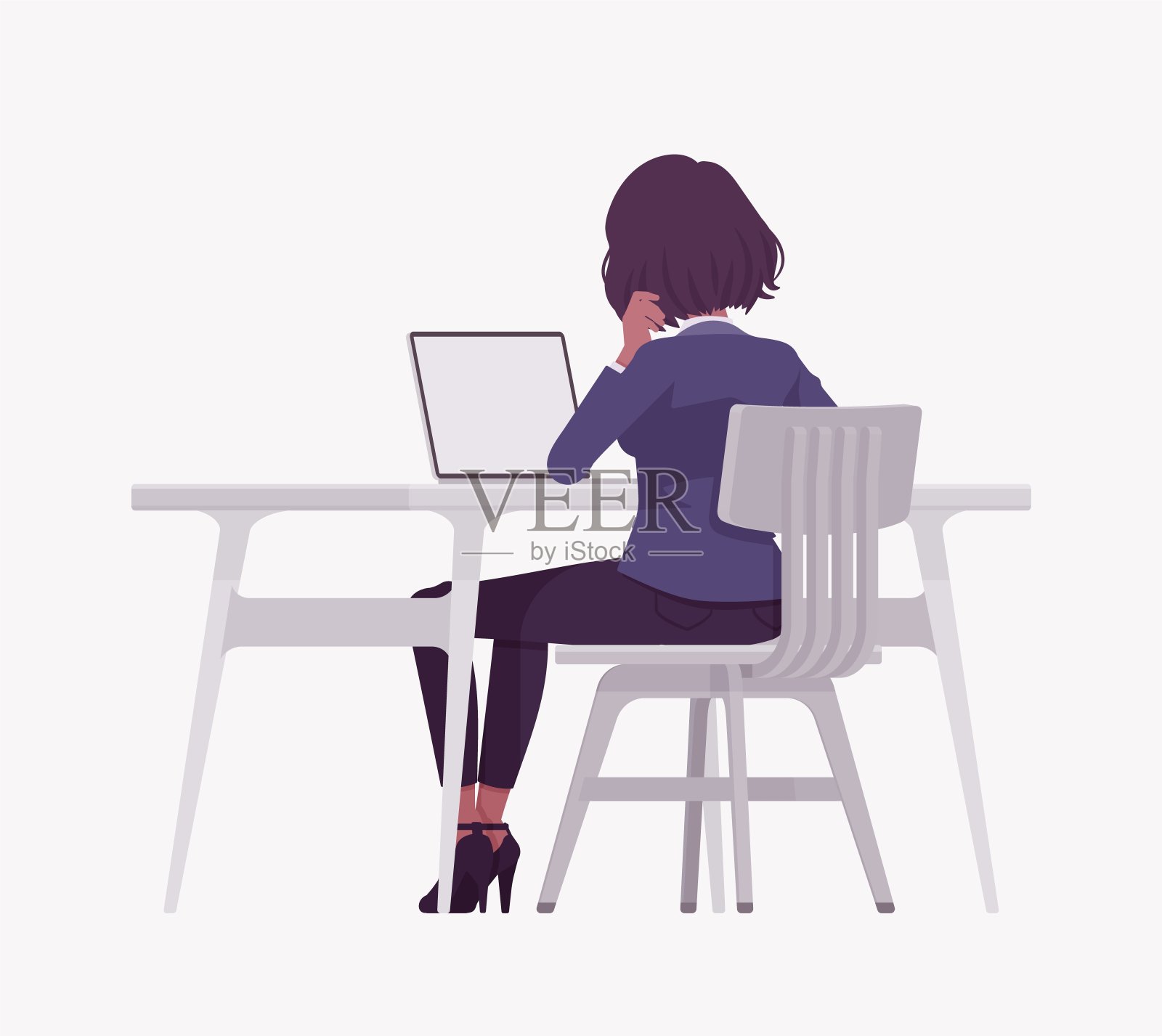 优雅的黑发女商人在办公桌前拿着笔记本电脑，后排插画图片素材