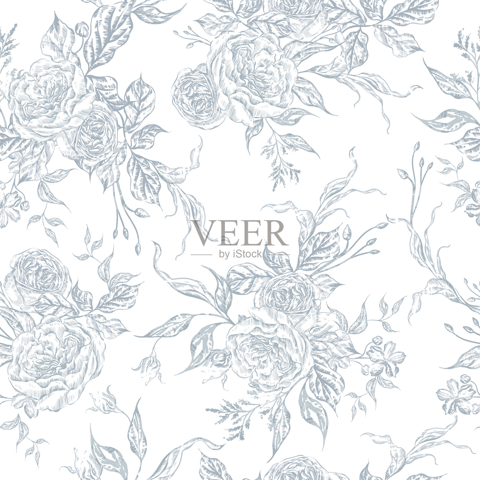 婚礼无缝图案与温柔的玫瑰花和叶子。插画图片素材