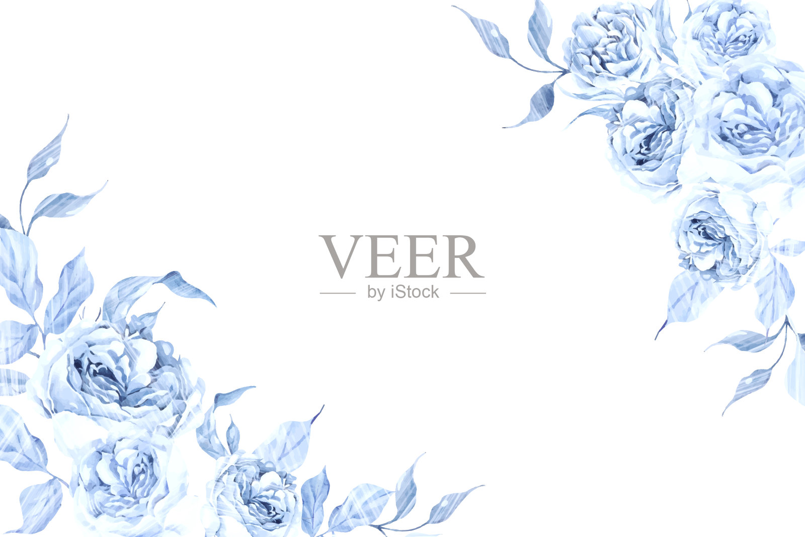 水彩婚礼卡片与温柔的蓝色玫瑰花和叶子。插画图片素材