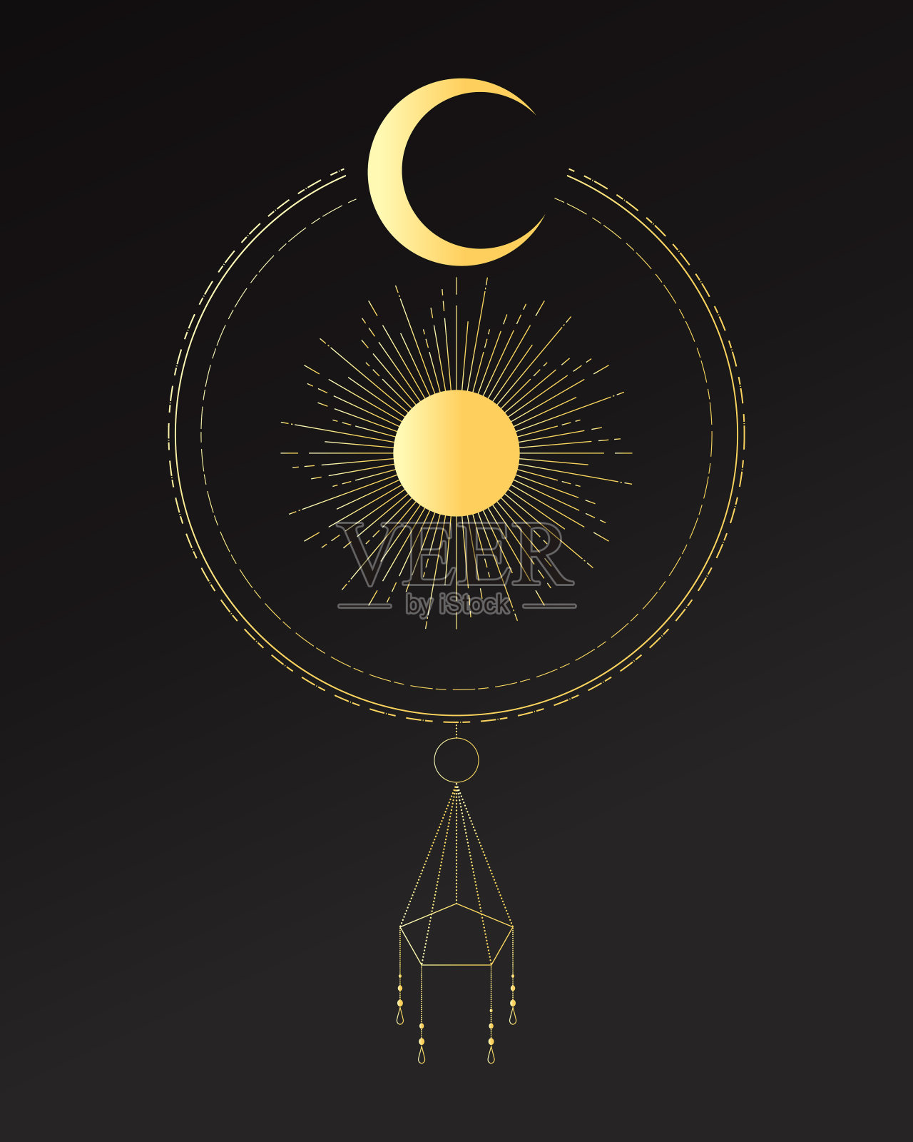 金色的捕梦网，新月和太阳。天上的象征。神秘，占星术，深奥。矢量图插画图片素材