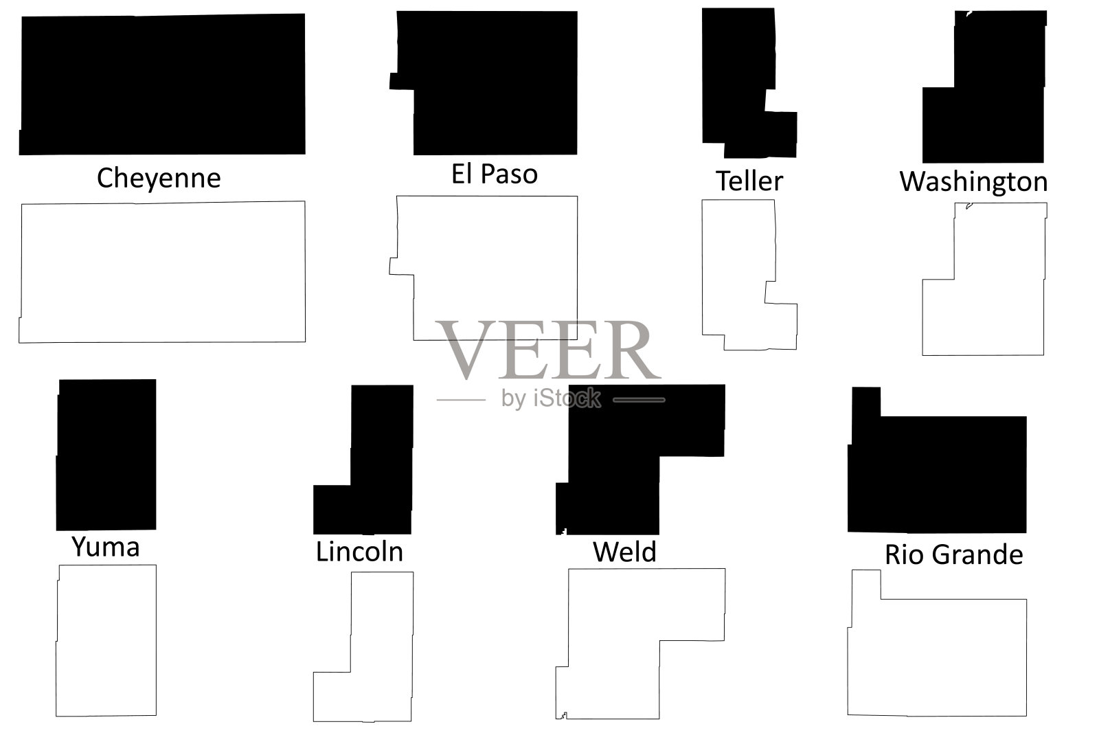 泰勒，格兰德河，韦尔德，林肯，尤马，夏延，埃尔帕索和华盛顿县，科罗拉多州(美国县，美利坚合众国，美国，美国，美国)地图矢量插图，涂鸦素描地图插画图片素材