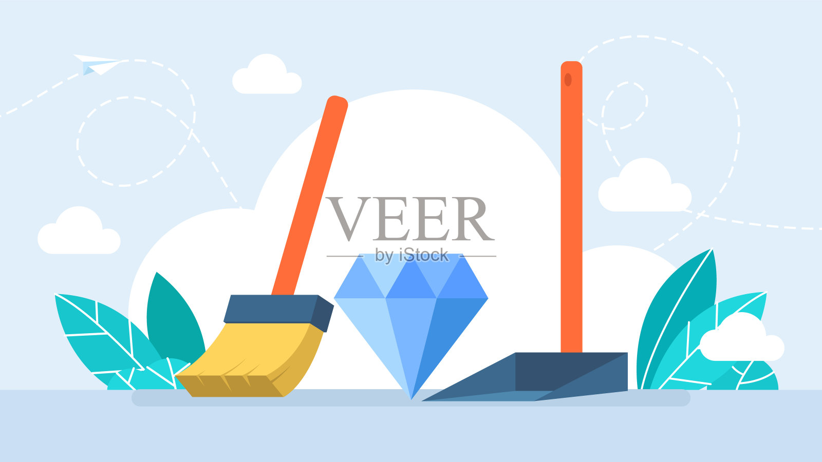 那颗珍贵的钻石被扔掉了。人才贬值。在垃圾堆里找到一颗钻石。扫帚，簸箕，垃圾。不小心把珠宝扔进了垃圾桶。平坦的插图。插画图片素材