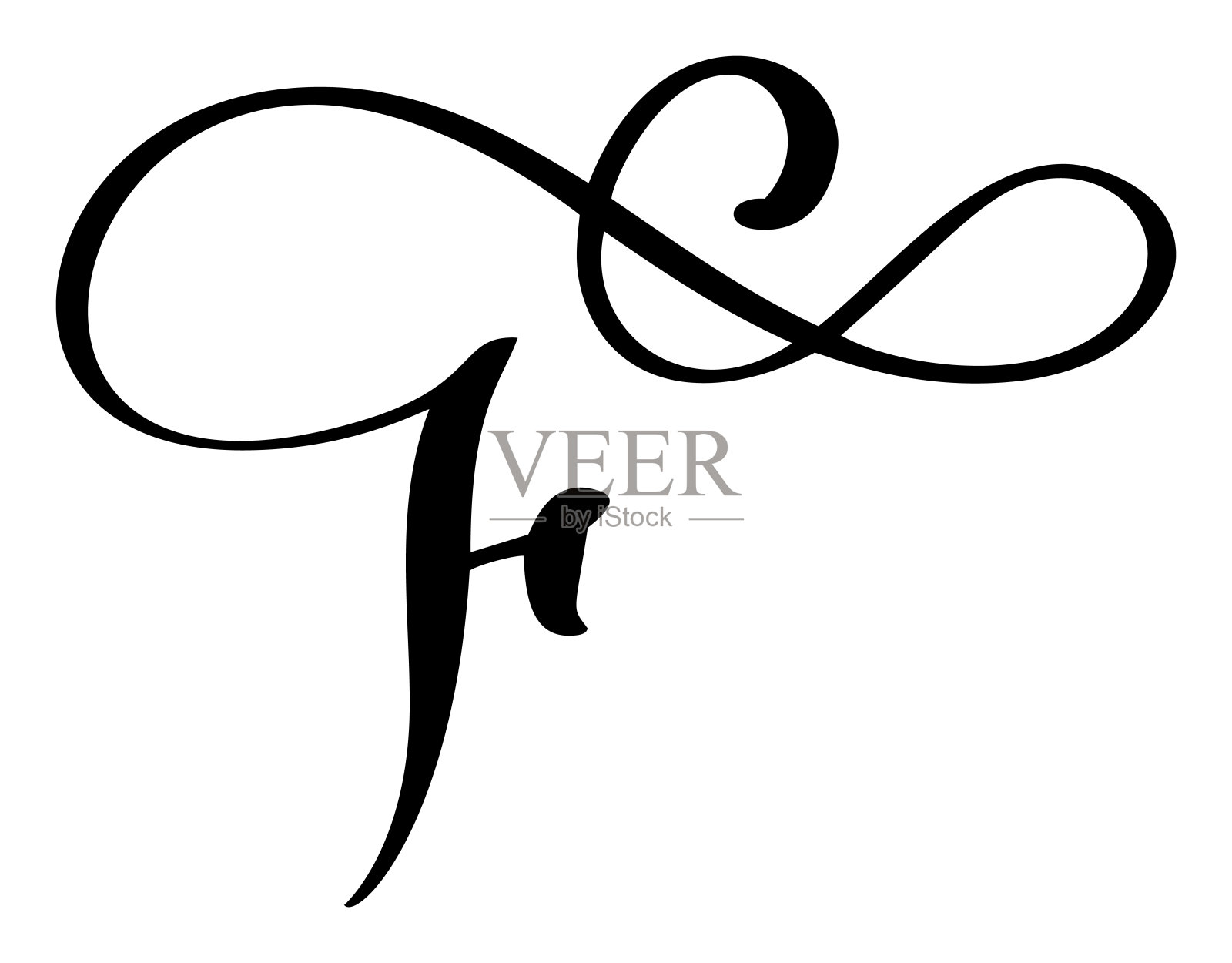 手绘矢量书法字母F.脚本字体标志。手写毛笔风格繁盛插画图片素材