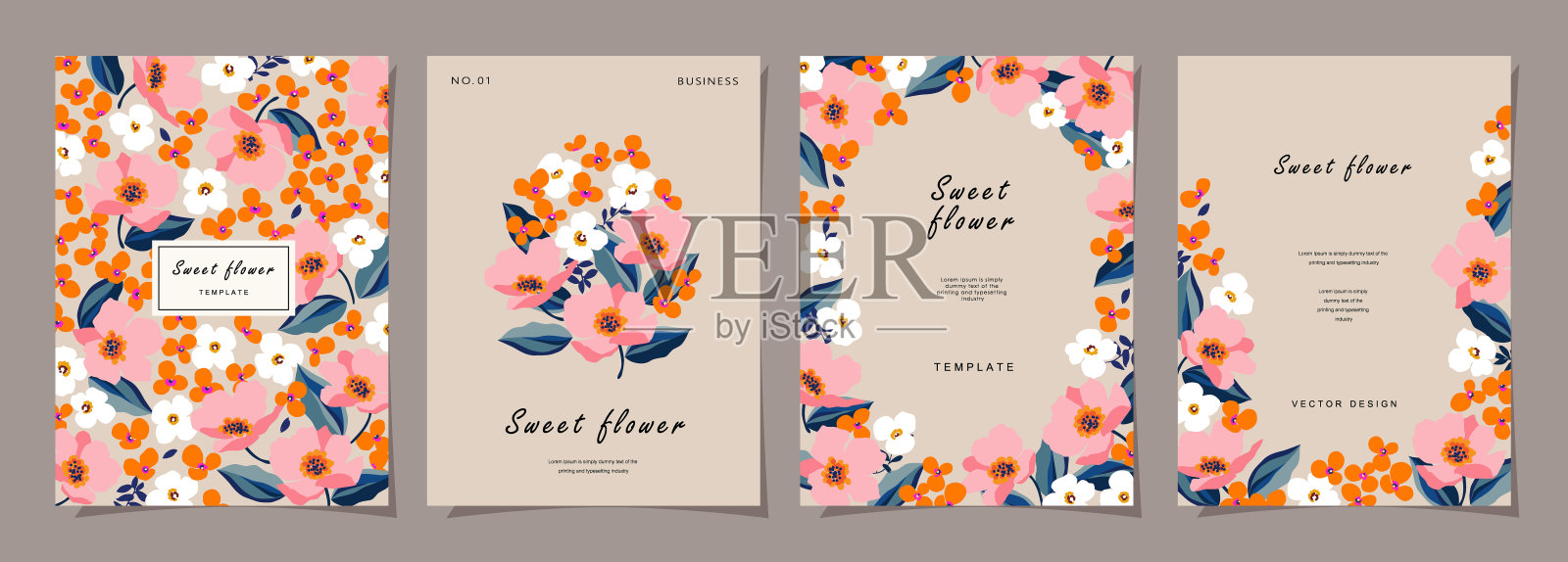 花卉模板集海报，卡片，封面，标签，横幅，背景在现代极简主义风格和简单的夏季设计模板与花卉和植物。插画图片素材