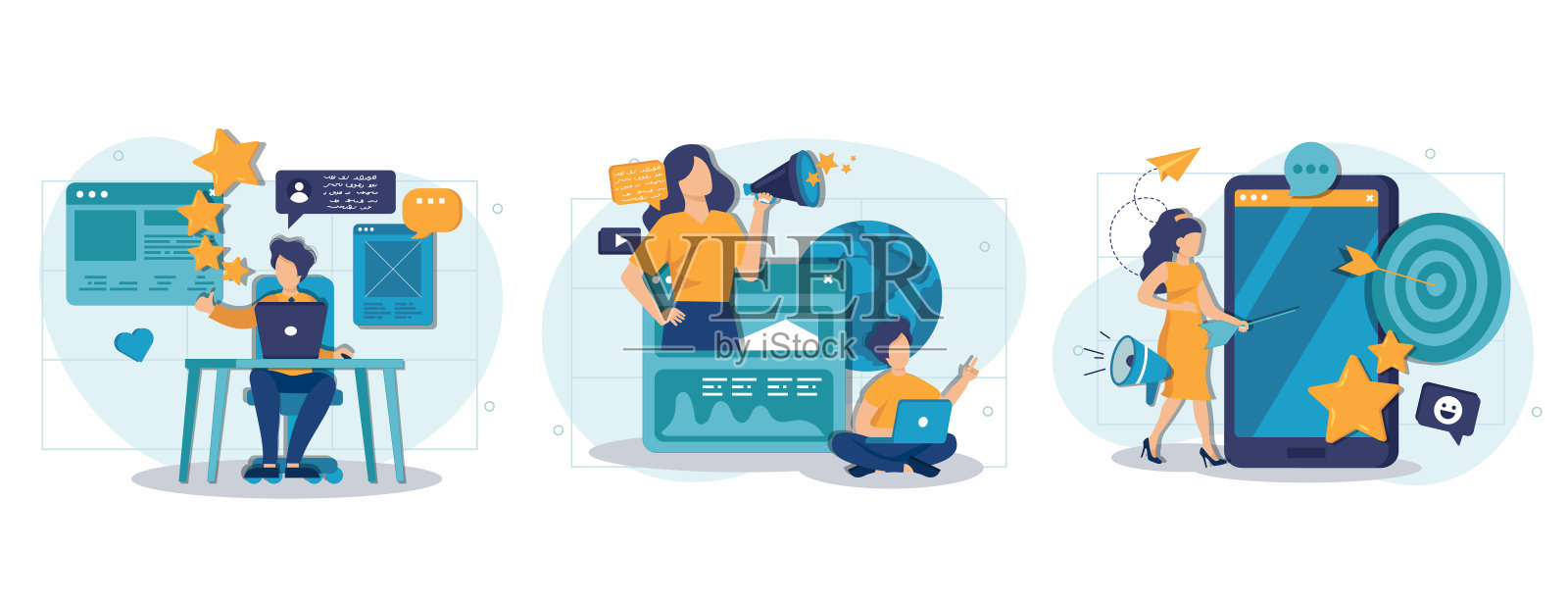 客户行为分析抽象概念矢量插图集。数据驱动营销，用户反馈和网站评分，在线调查，用户数据，抽象隐喻营销研究工具。插画图片素材