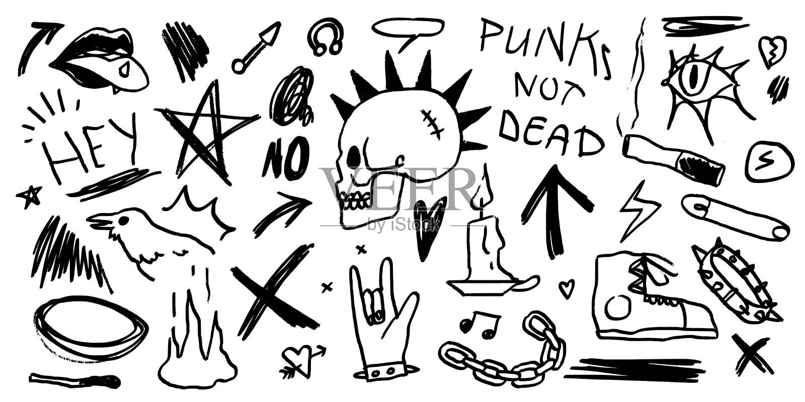 摇滚，朋克音乐涂鸦涂鸦贴纸集。涂鸦，纹身手绘贴纸，头骨，心脏，手势的手。垃圾摇滚矢量插图在木炭，粉笔或黑色标记风格。插画图片素材