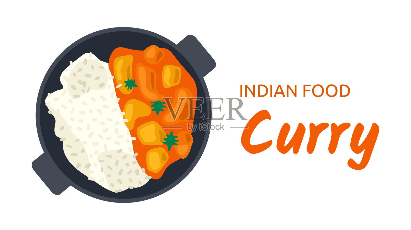 印度食物咖喱——鸡肉片加辣酱和米饭。前视图。提供国菜插画图片素材