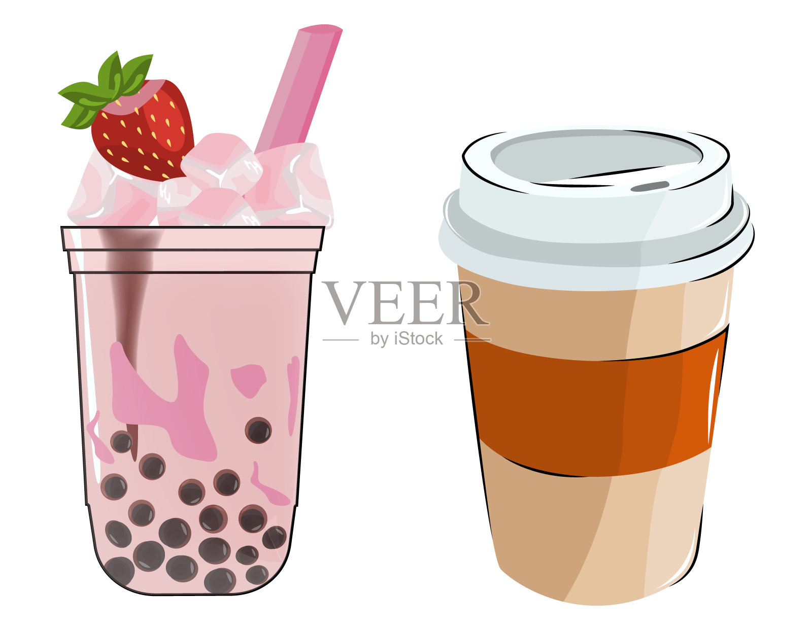 卡通纸咖啡杯，冰草莓奶茶。极简主义风格。向量模板。喝插画图片素材
