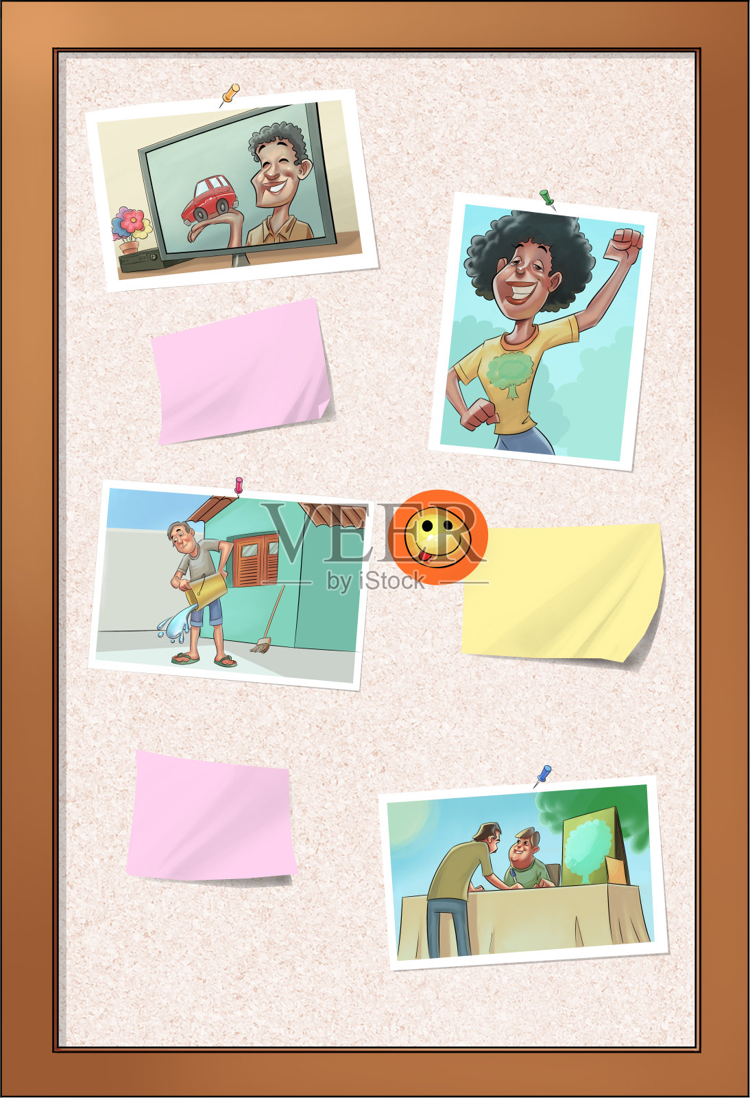 软木墙上贴着照片和贴纸插画图片素材