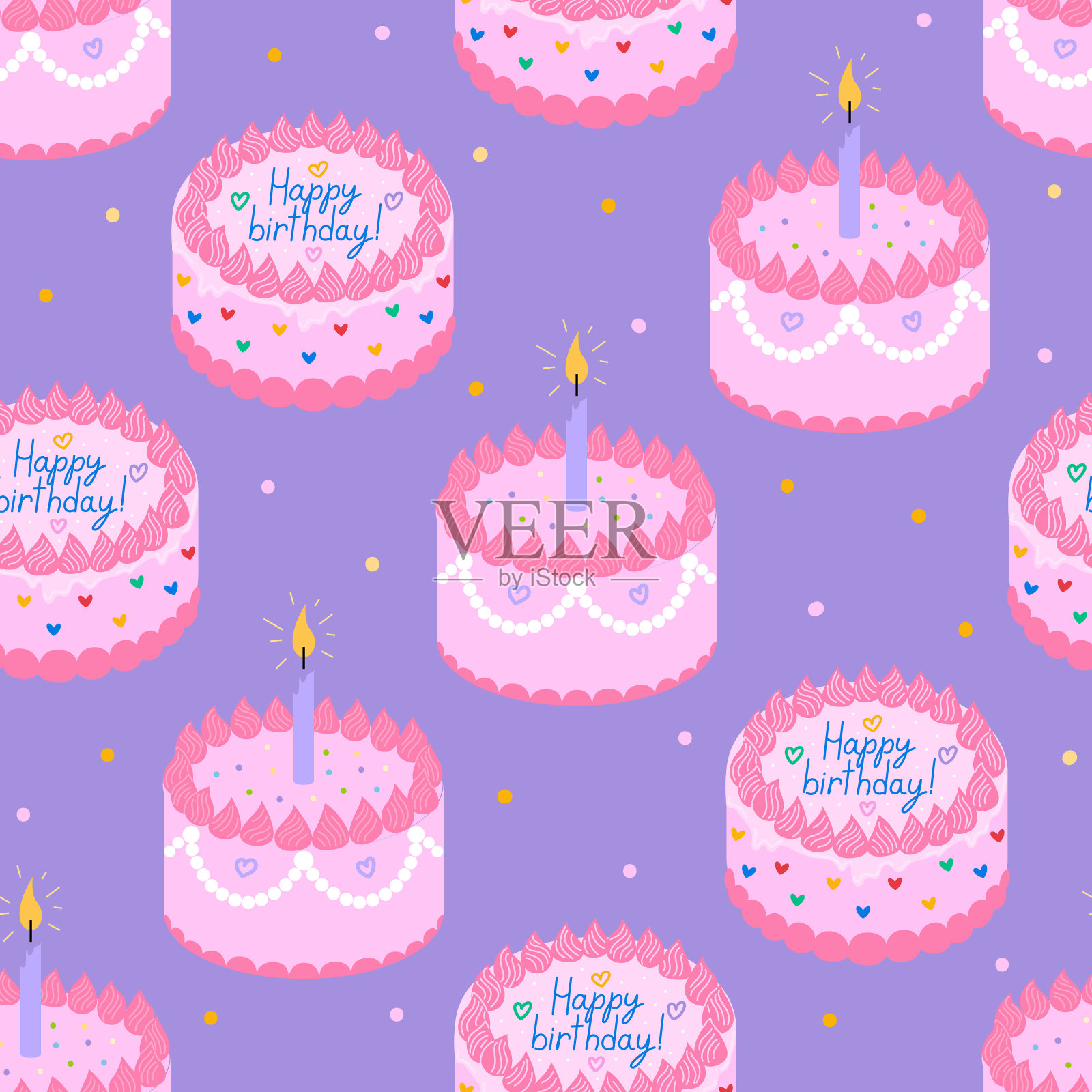 粉红色蛋糕的无缝矢量图案在紫色的背景插画图片素材