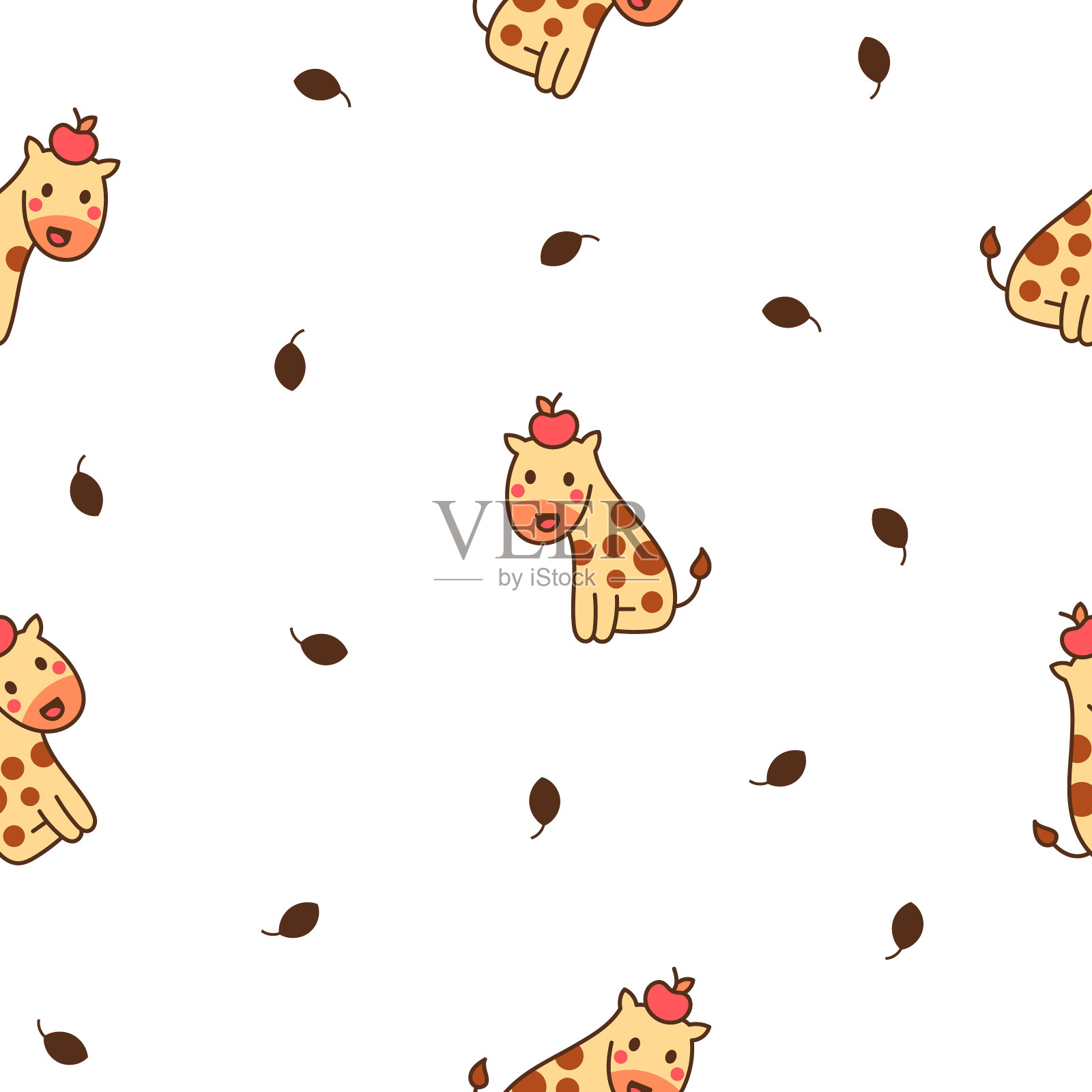 可爱的卡哇伊快乐长颈鹿。无缝模式。卡通有趣的动物人物。手绘风格。矢量图。设计的饰品。插画图片素材