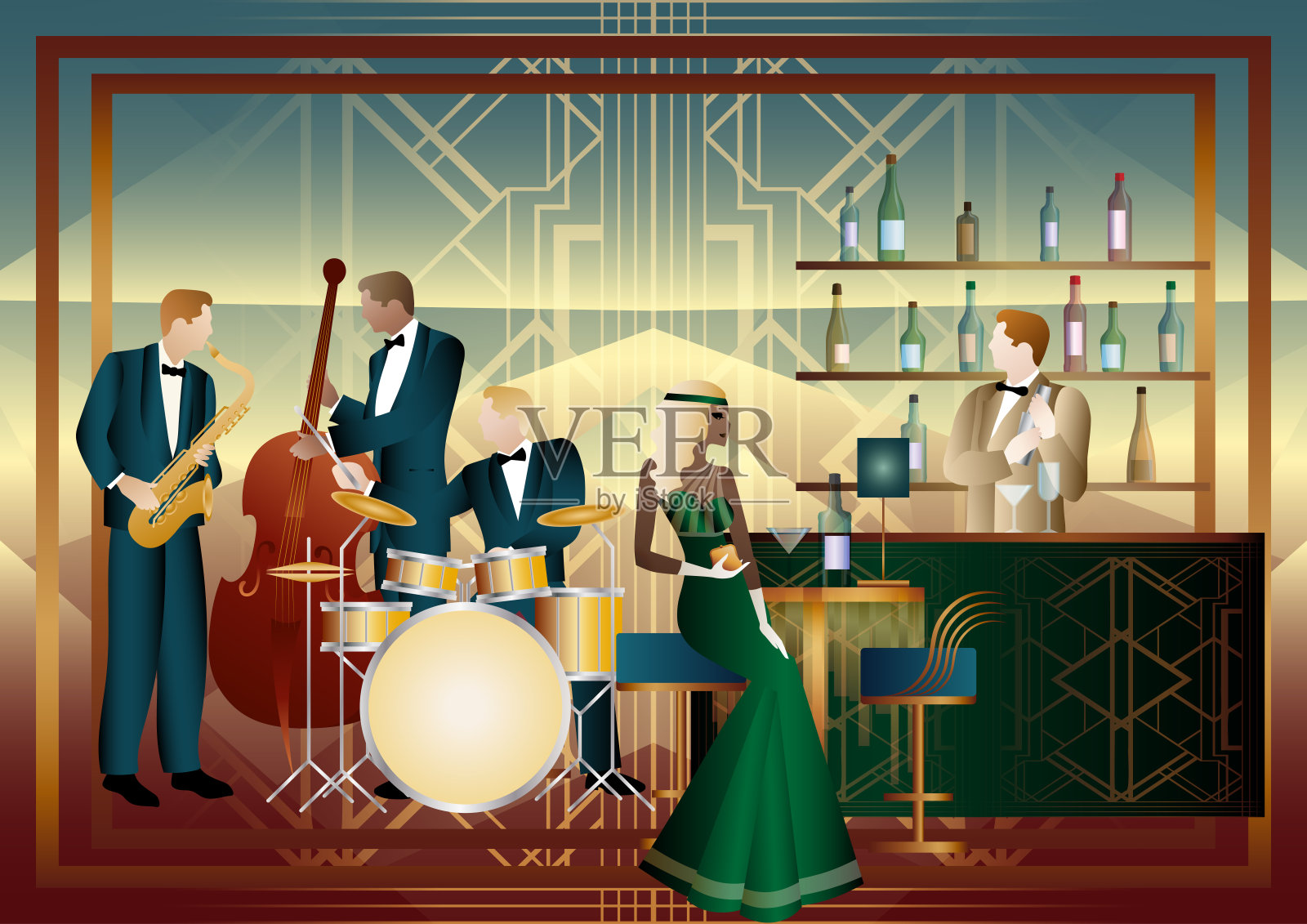 餐馆、咖啡馆或酒吧里的爵士音乐家插画图片素材