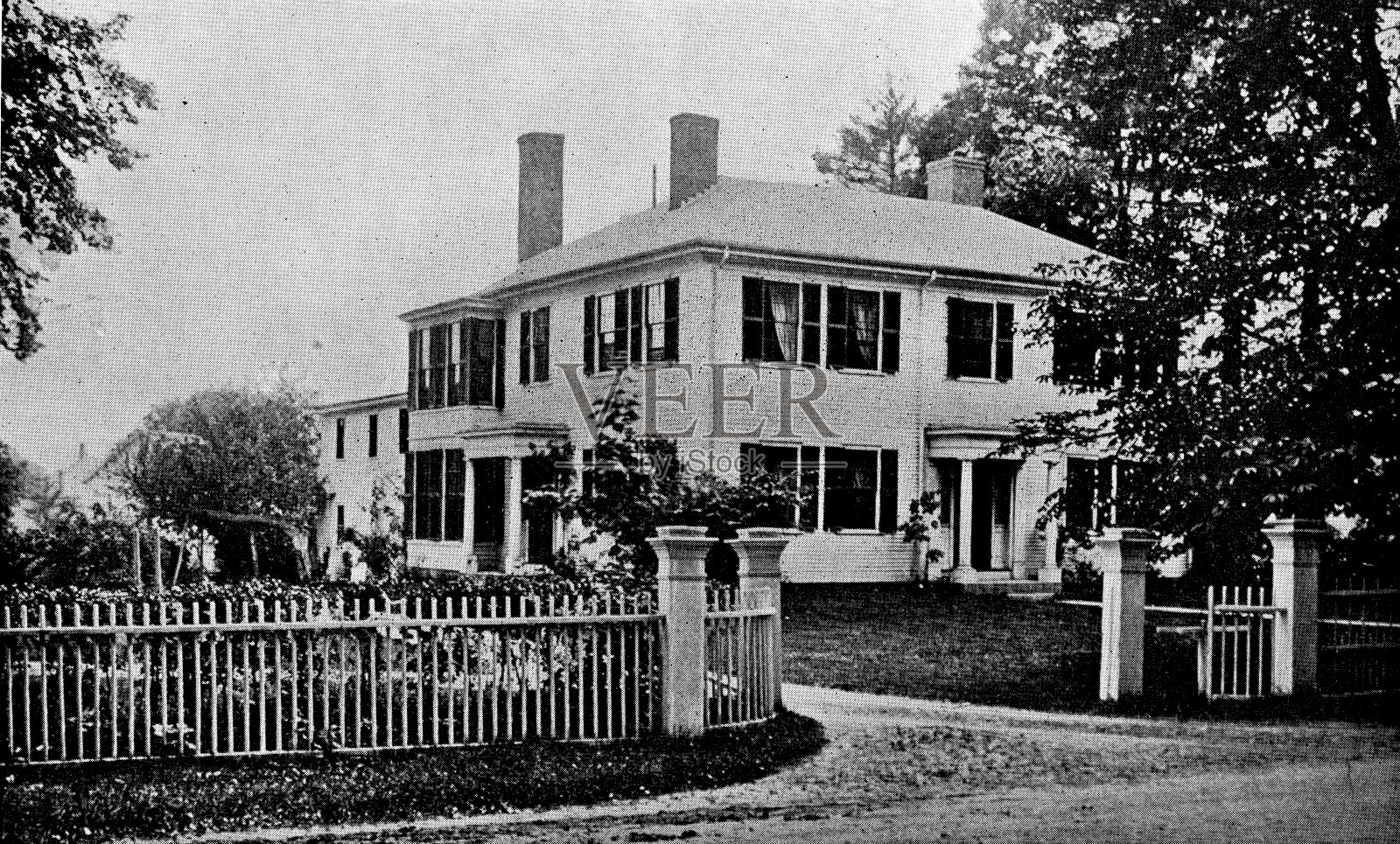 拉尔夫·沃尔多·爱默生住宅在康科德，马萨诸塞州，美国- 19世纪插画图片素材