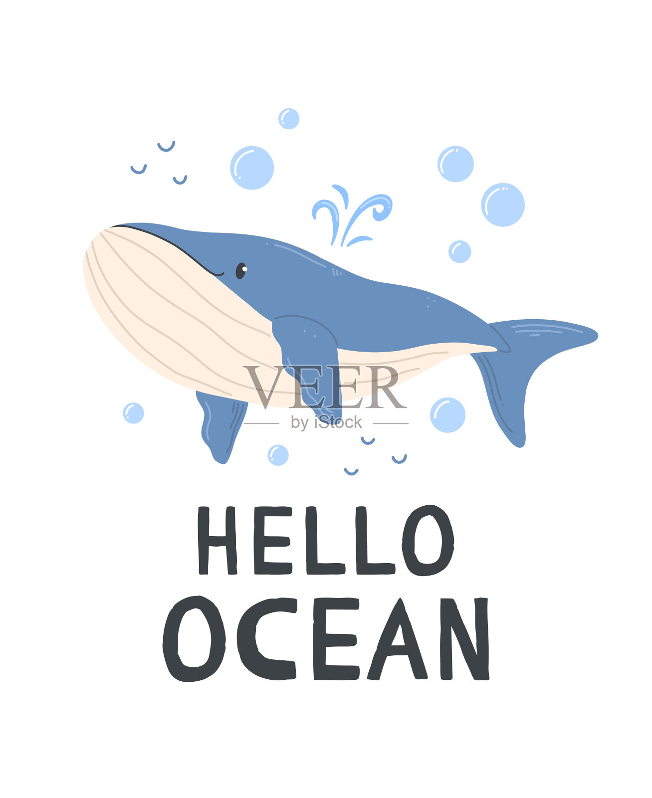 一张白色背景的可爱卡通鲸鱼海报，上面写着“你好，海洋”。插图设计卡与鲸鱼。插画图片素材