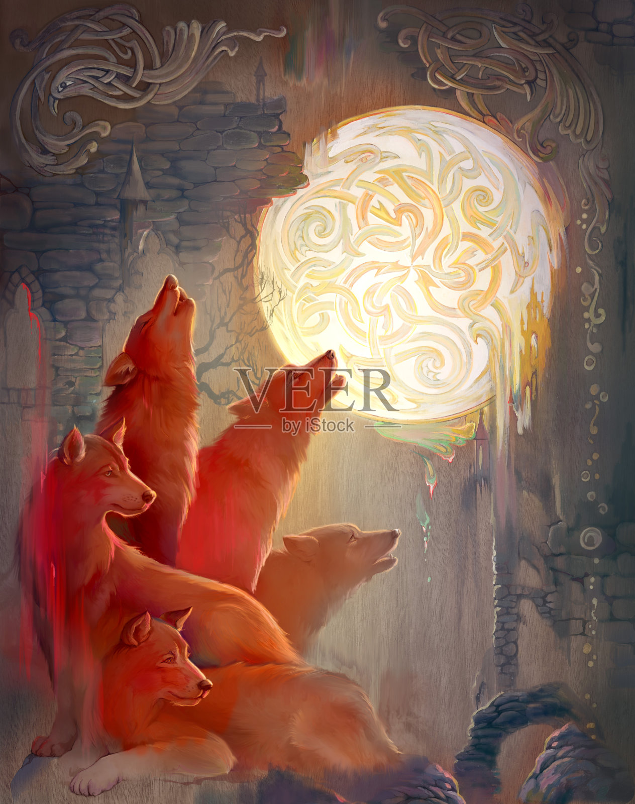 红狼。木头上的油画。一个古老的中世纪凯尔特传说的幻想插图。狼群在狂野的哥特式自然环境中嚎叫。古老的三流符号。超现实主义风格。插画图片素材